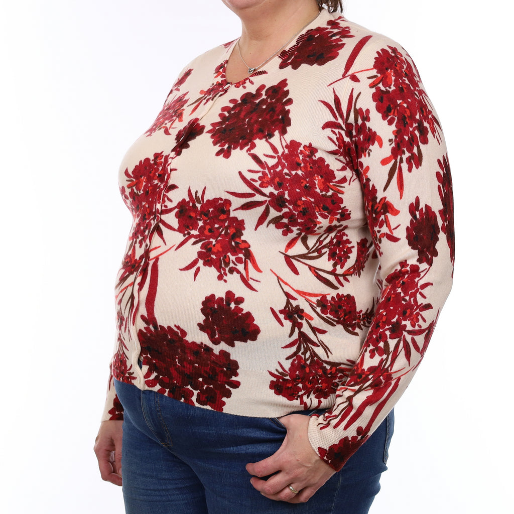 Ivory and Red Floral Cashmere Crew Neck Cardigan Extra Large