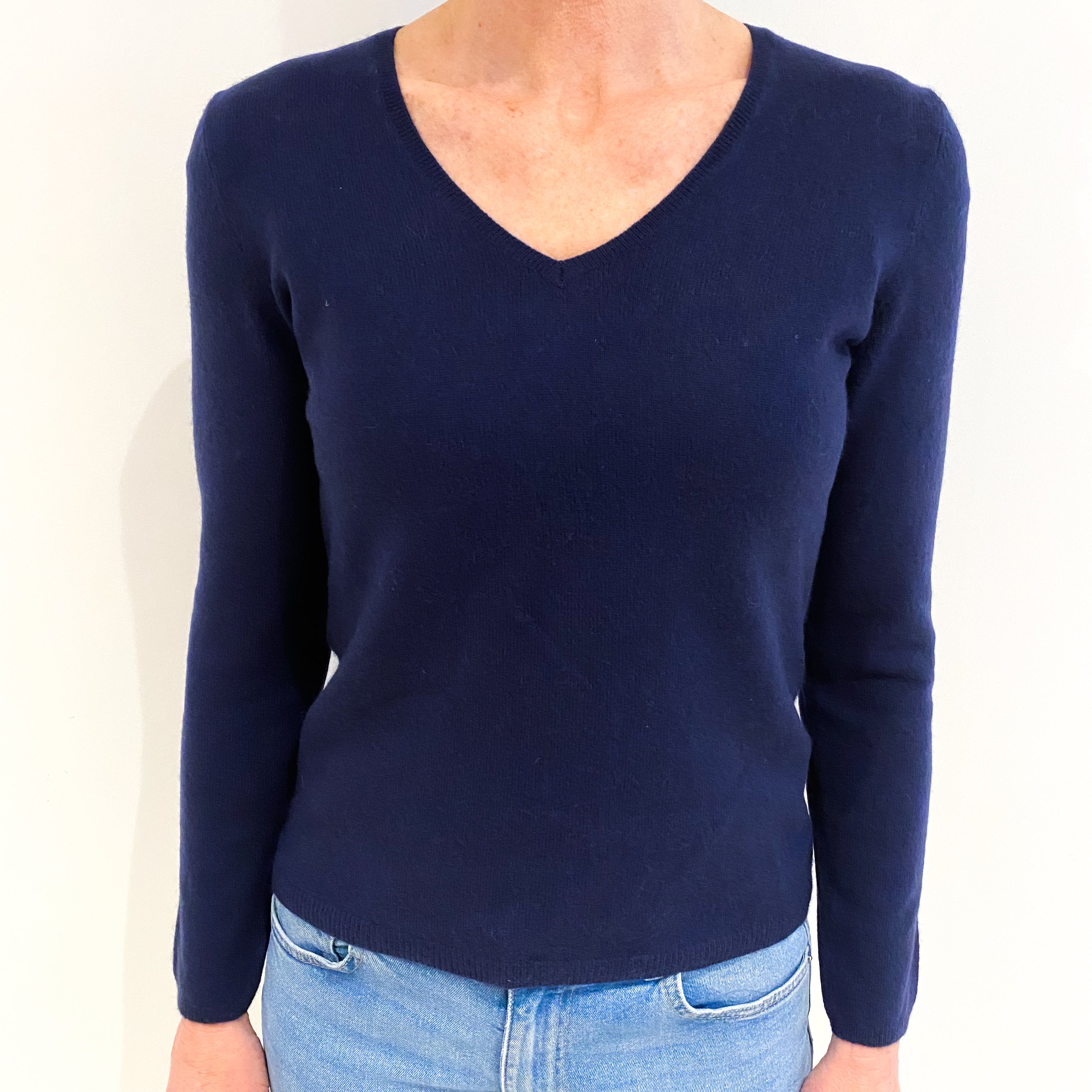 Navy Blue Cashmere V Neck Jumper Small