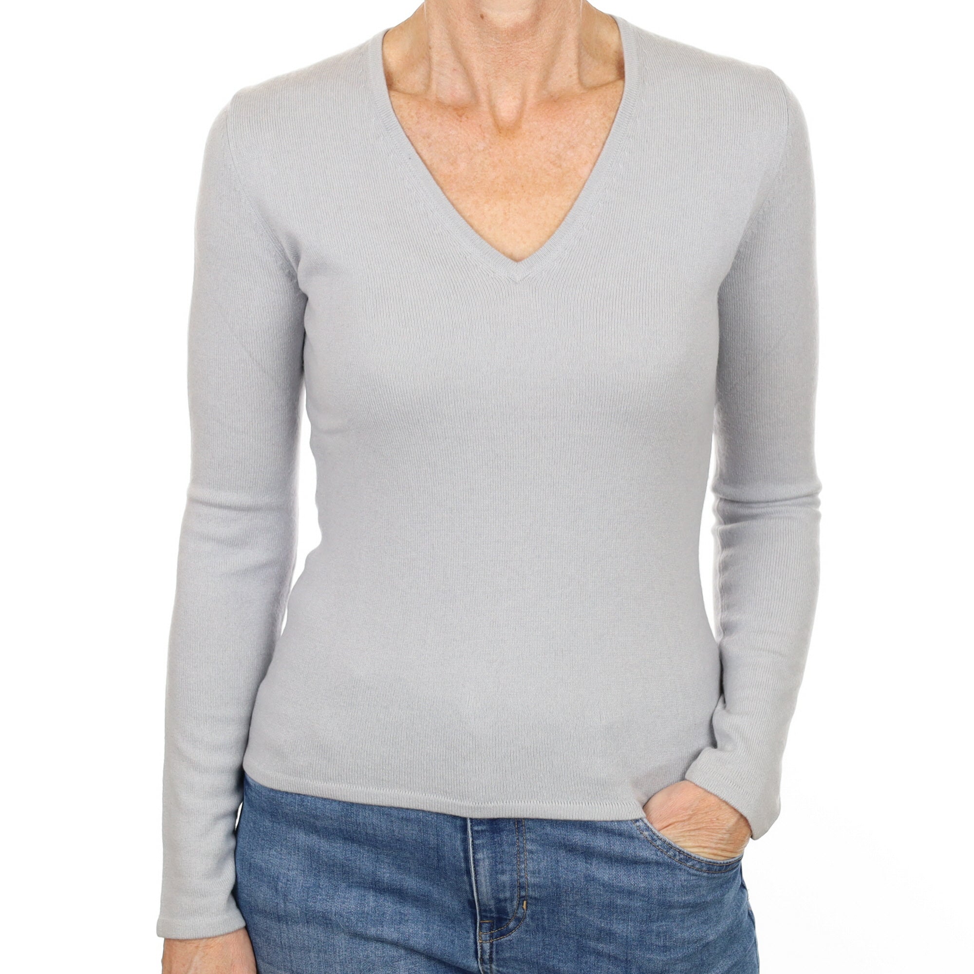 Dove Grey Cashmere V Neck Jumper Small