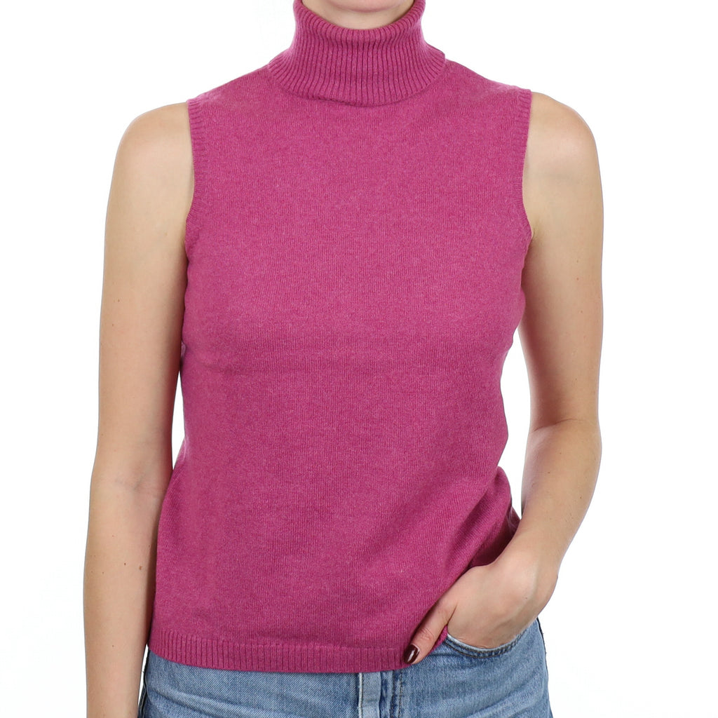 Heather Pink Cashmere Sleeveless Polo Neck Jumper Small