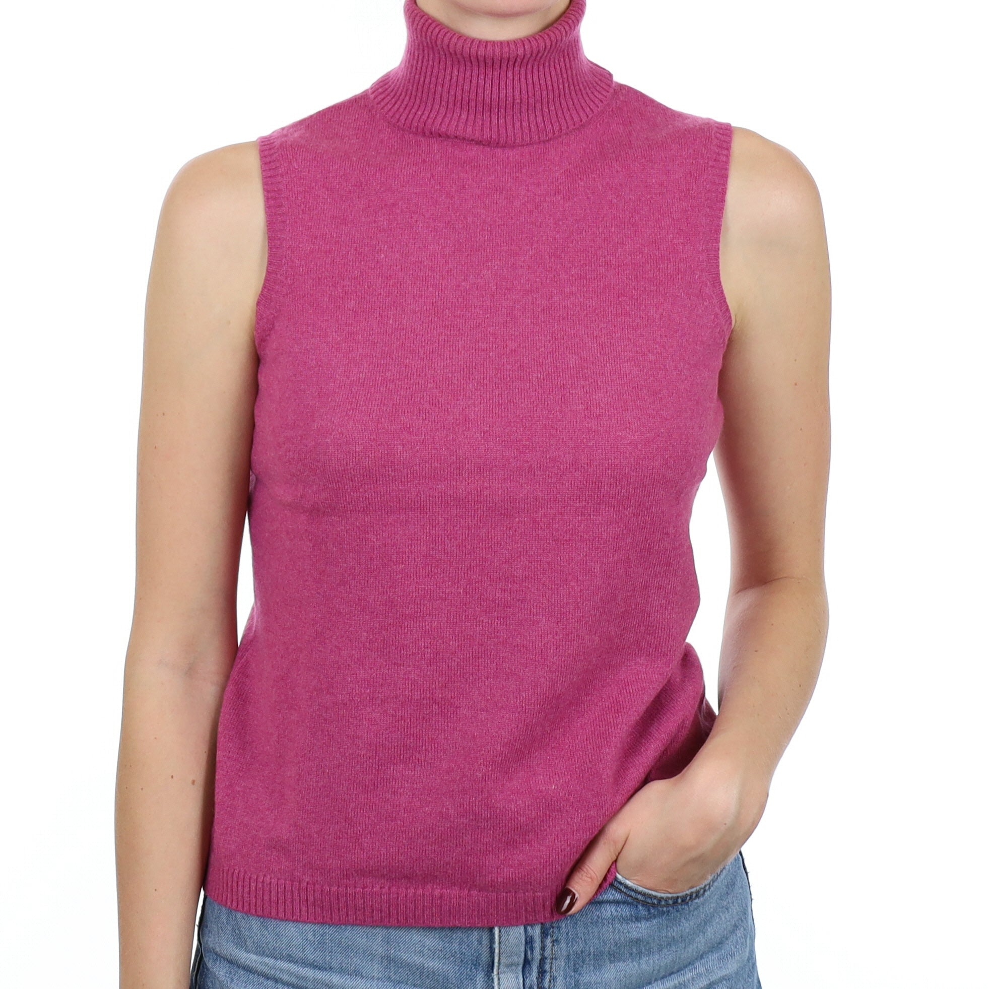 Heather Pink Cashmere Sleeveless Polo Neck Jumper Small