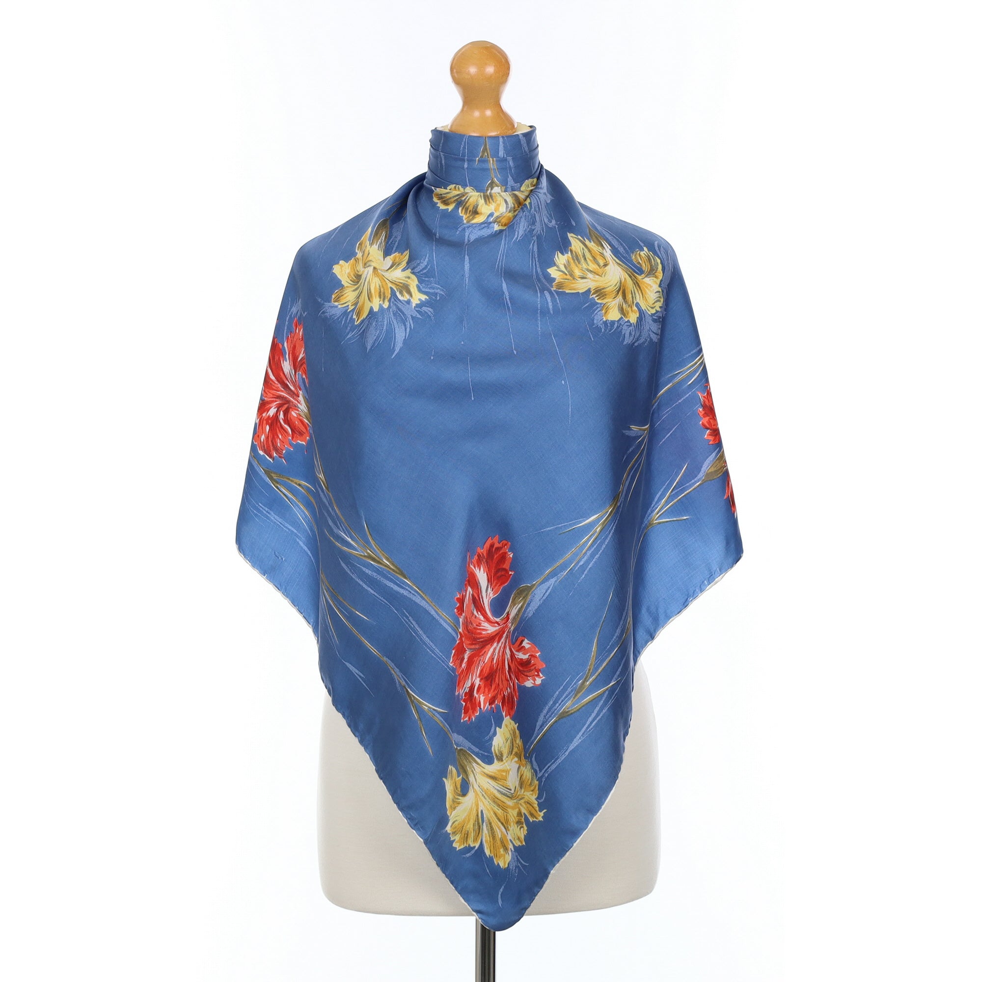 Vintage Blue, Red and Yellow Floral Silk Scarf