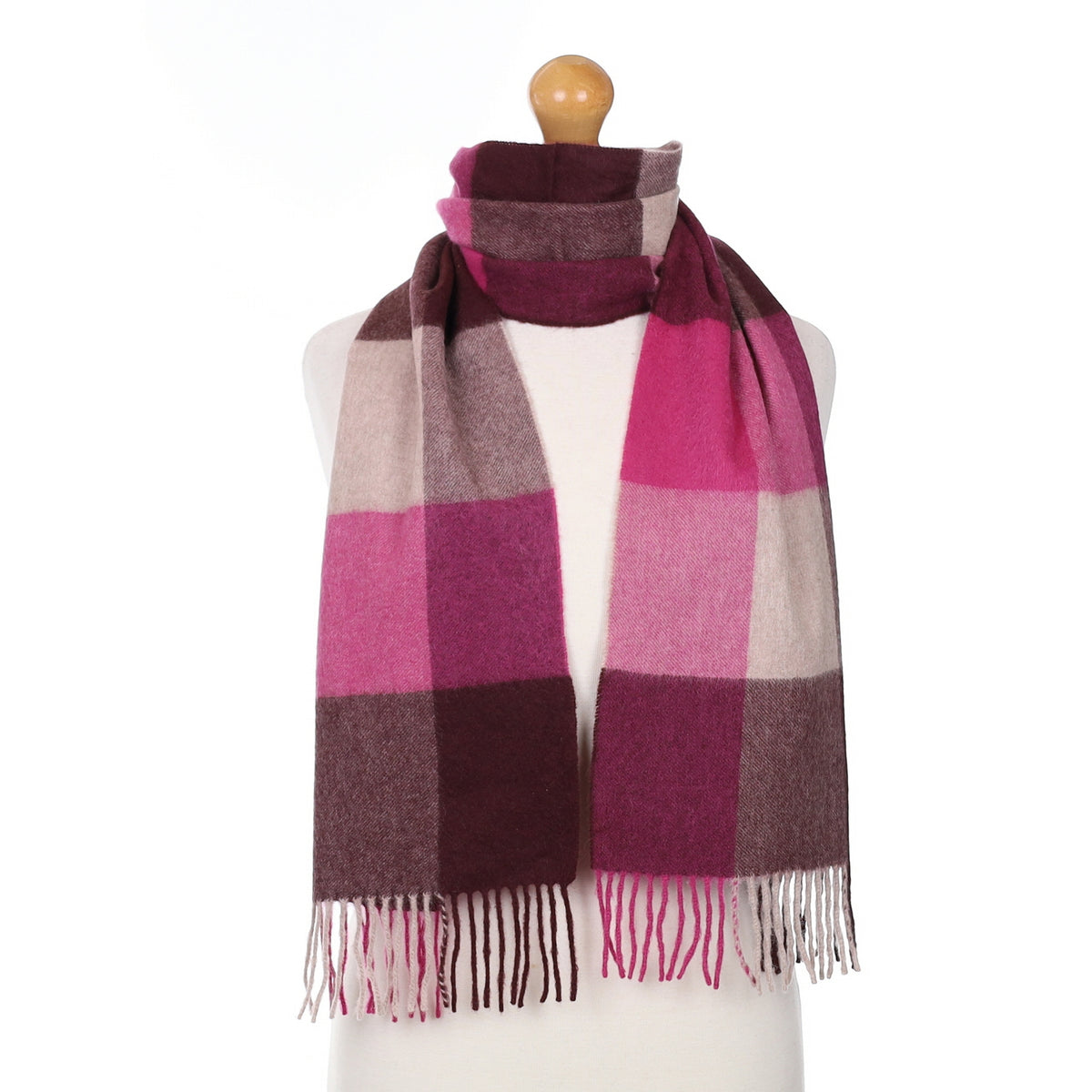 Hot Pink and Mulberry Checked Cashmere Woven Scarf