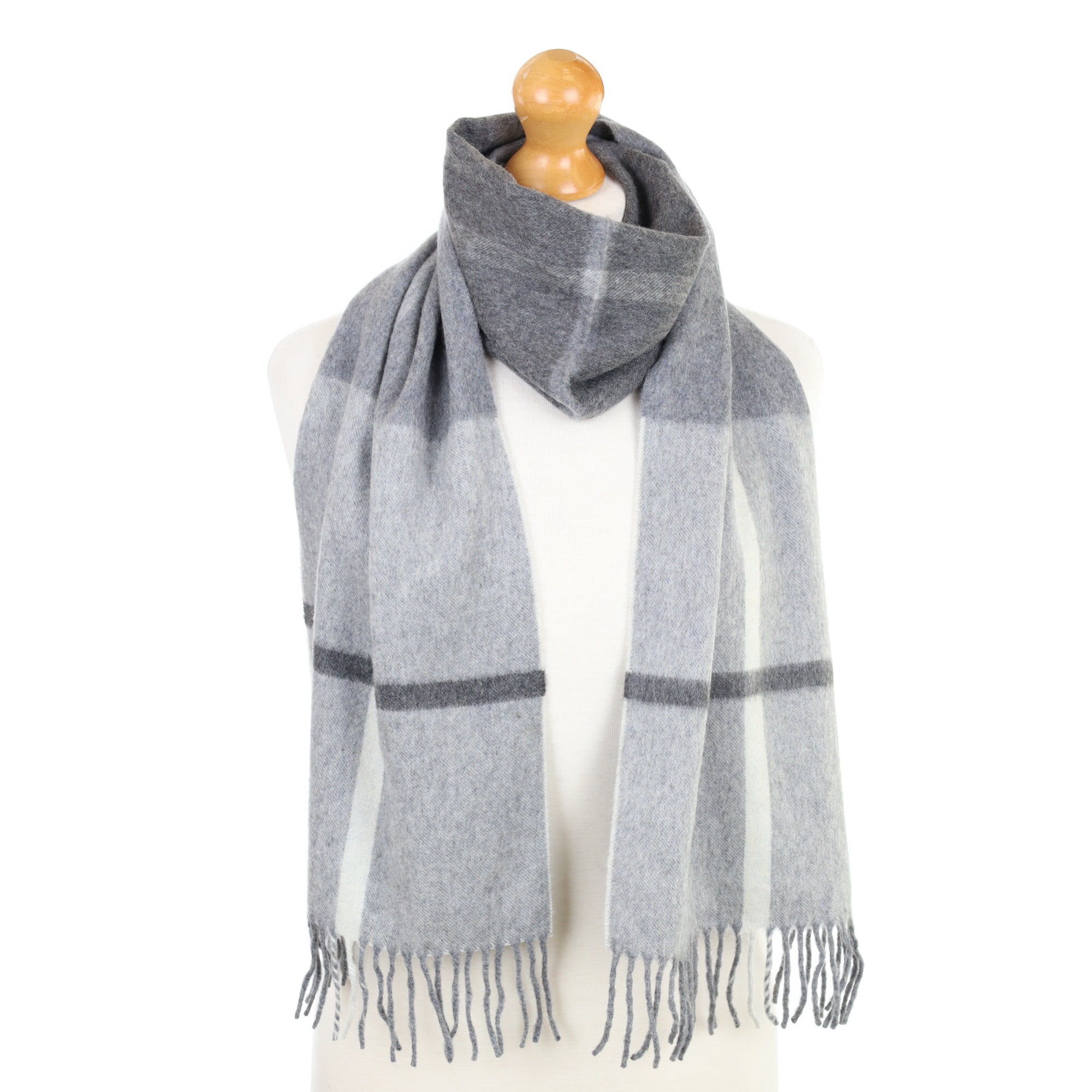 Grey Toned Checked Fringed Cashmere Woven Scarf