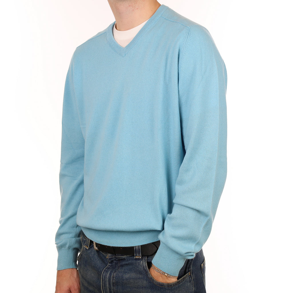 Men’s Aqua Blue Cashmere V Neck Jumper Large