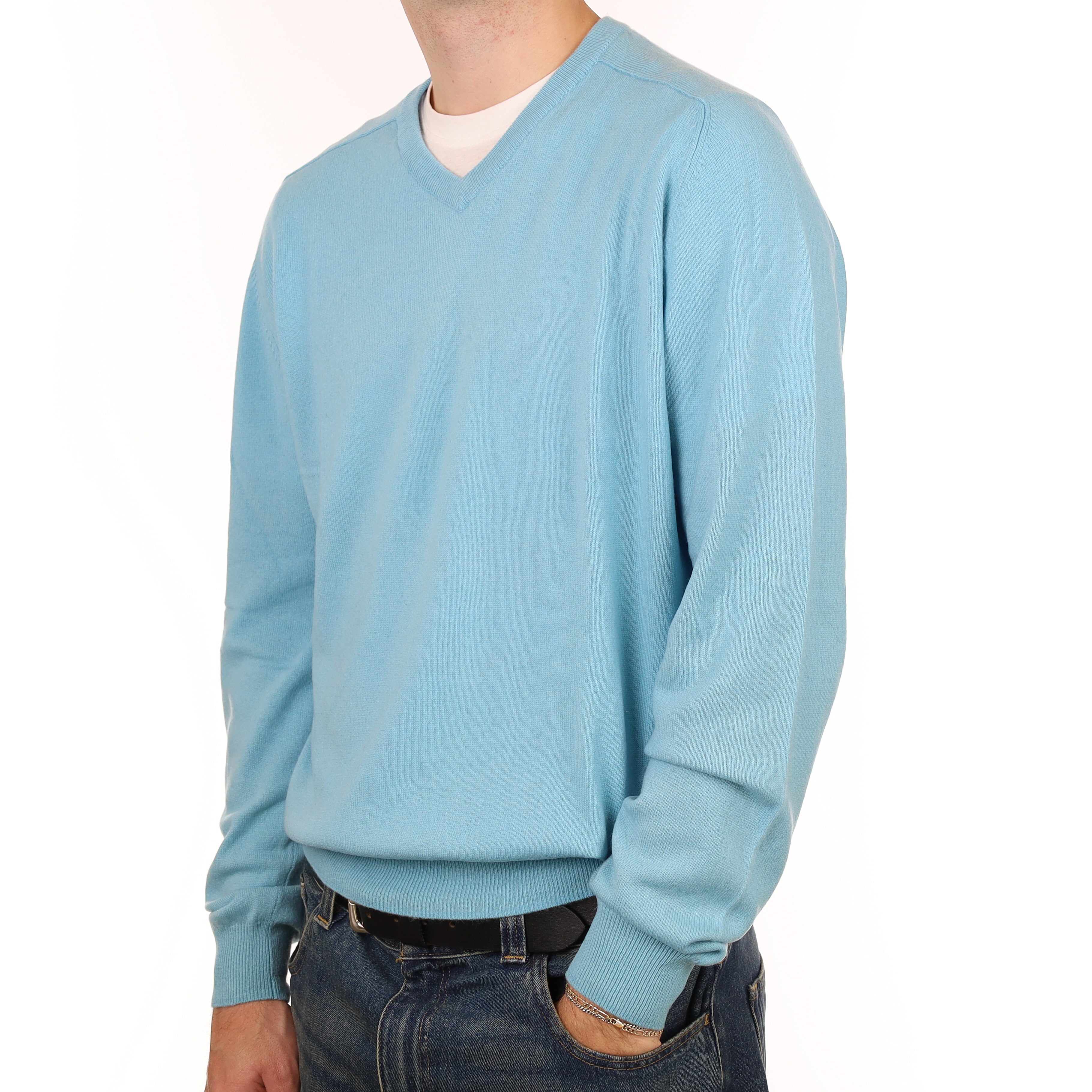Men’s Aqua Blue Cashmere V Neck Jumper Large