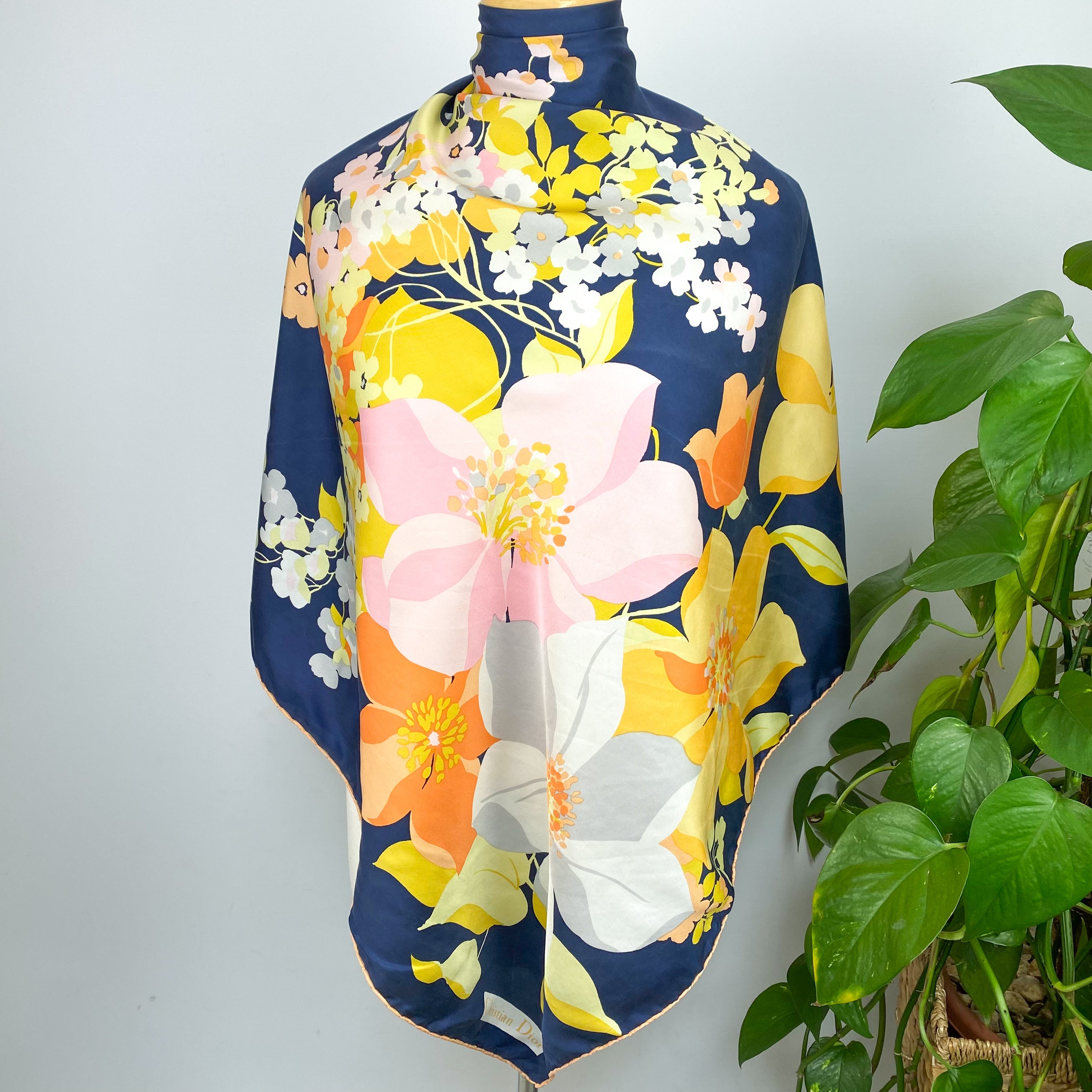 1970s Christian Dior Floral Vintage Silk Scarf
