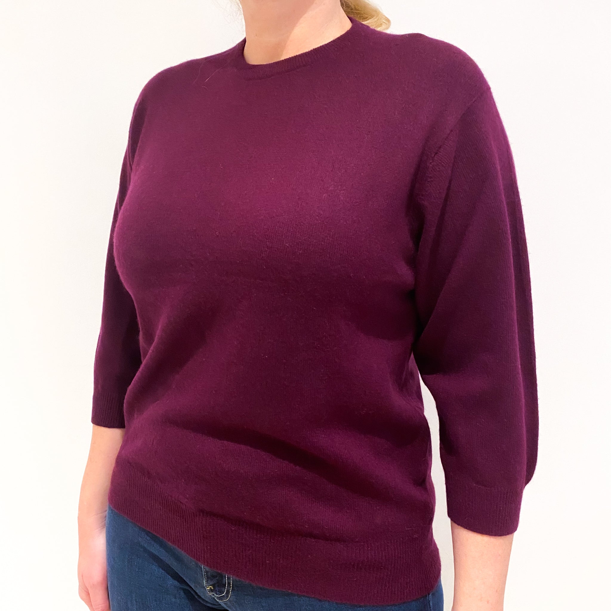 Burgundy Red 3/4 Sleeved Cashmere Crew Neck Jumper Large