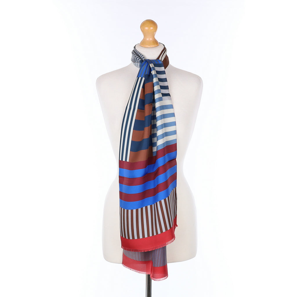 Brand New Italian Blue Striped Colour Block Silk Scarf