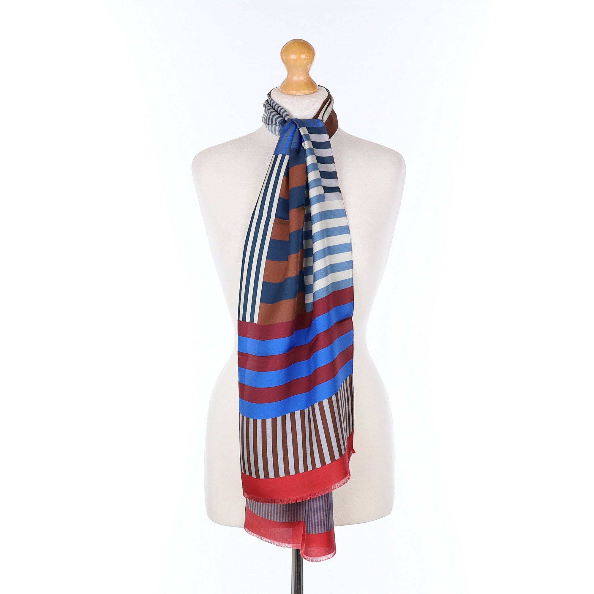 Brand New Italian Blue Striped Colour Block Silk Scarf
