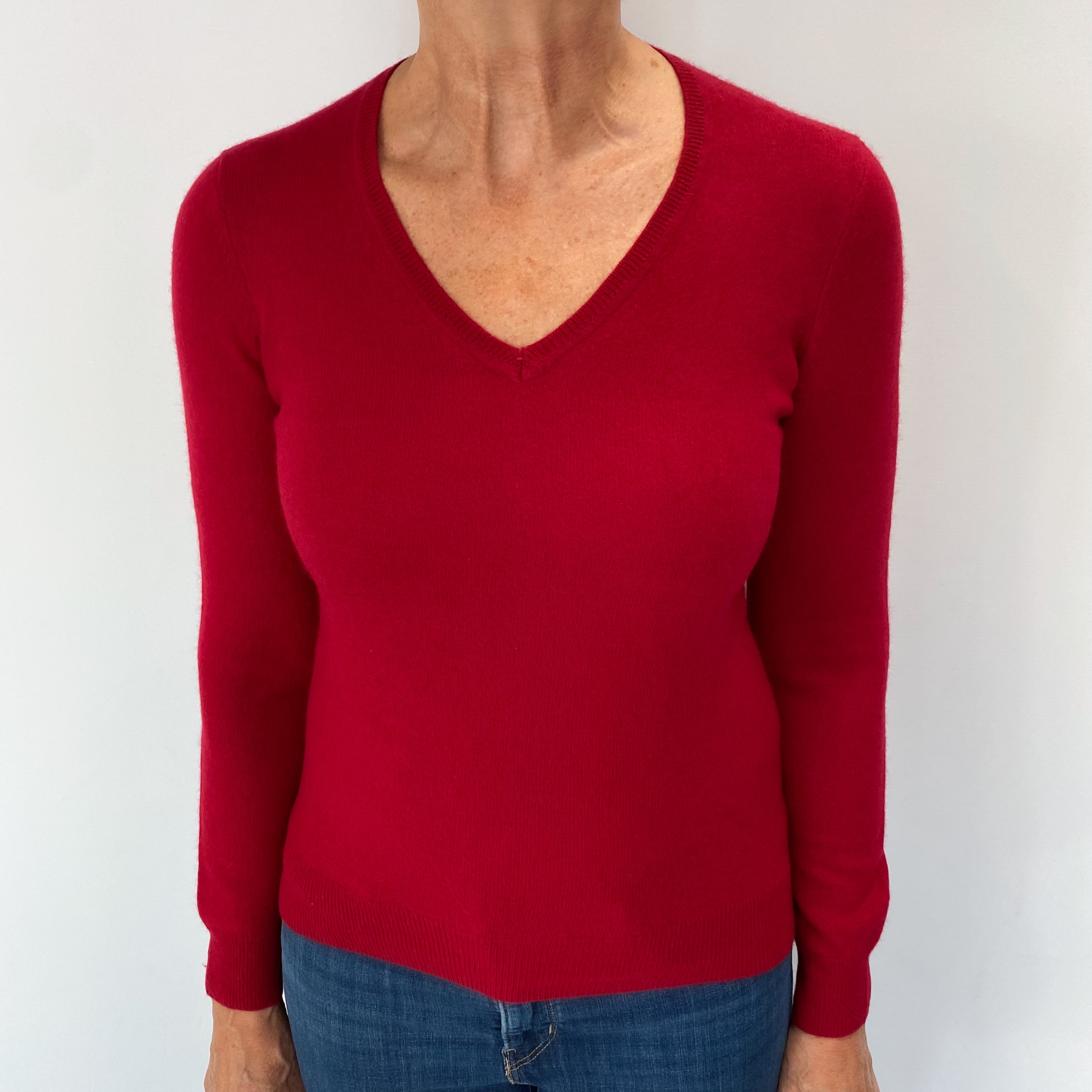 Post Box Red Cashmere V Neck Jumper Medium