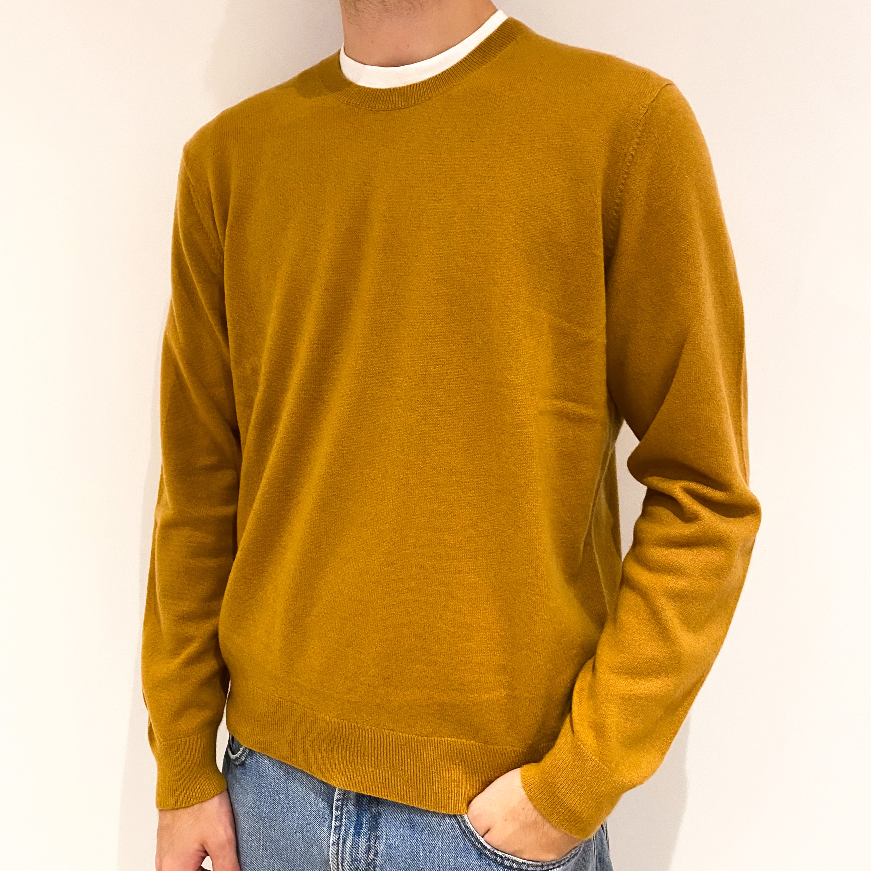 Men's Mustard Yellow Cashmere Crew Neck Jumper Large