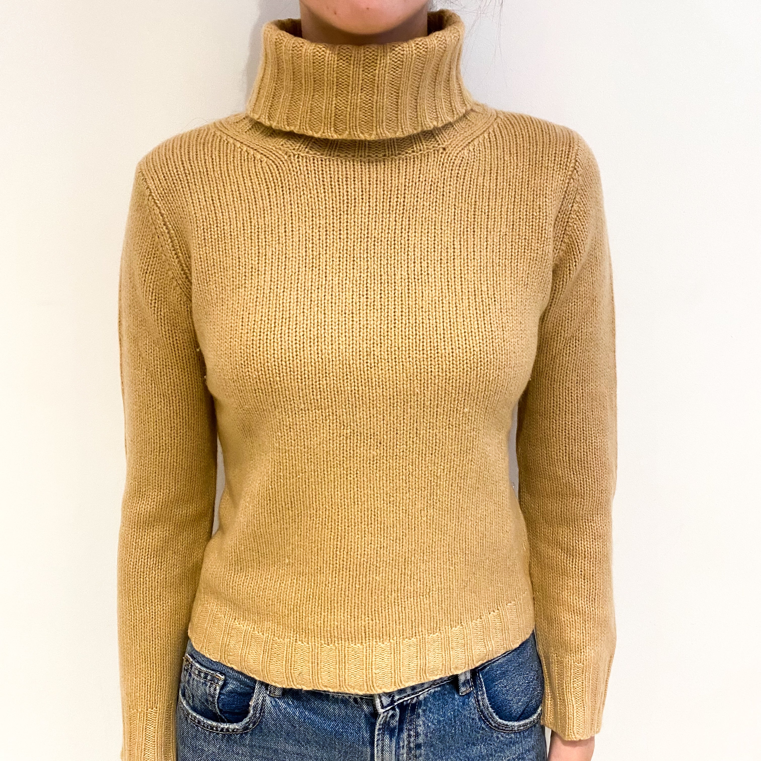 Caramel Brown Chunky Cashmere Polo Neck Jumper Extra Small