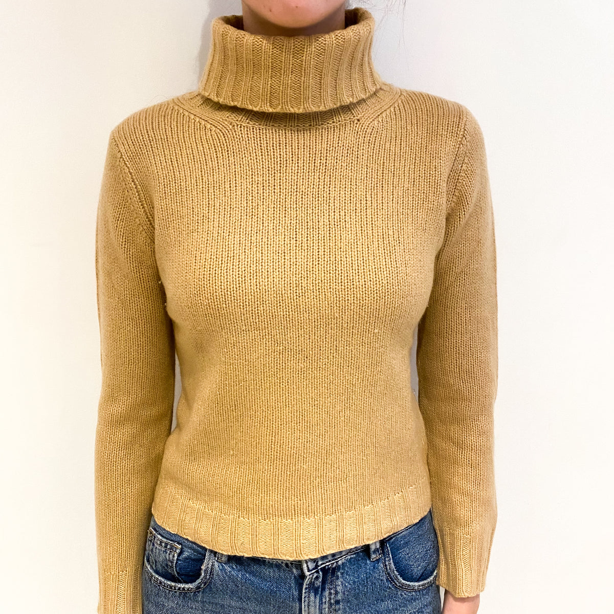 Caramel Brown Chunky Cashmere Polo Neck Jumper Extra Small
