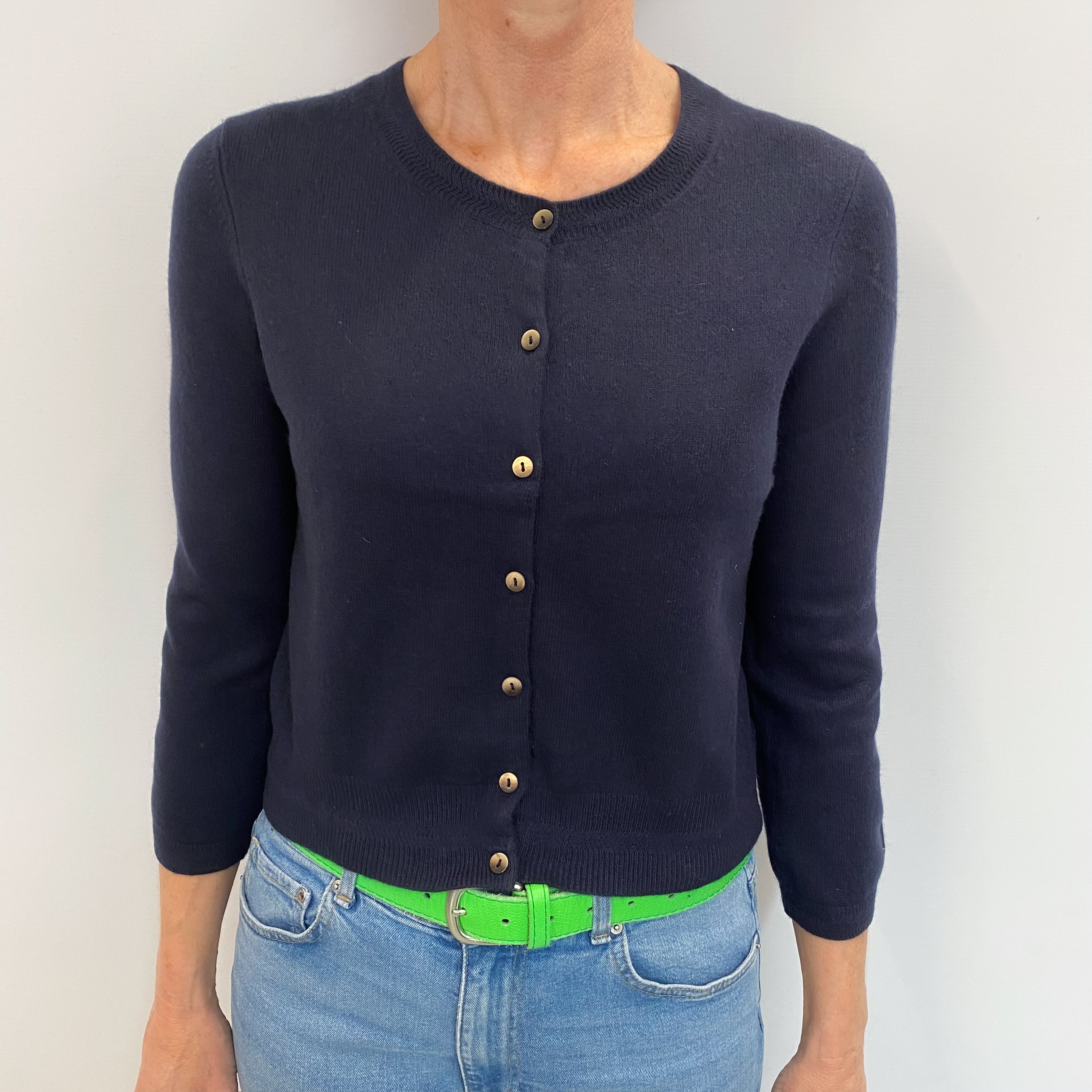 Navy Cashmere Crew Neck Cropped Cardigan Small