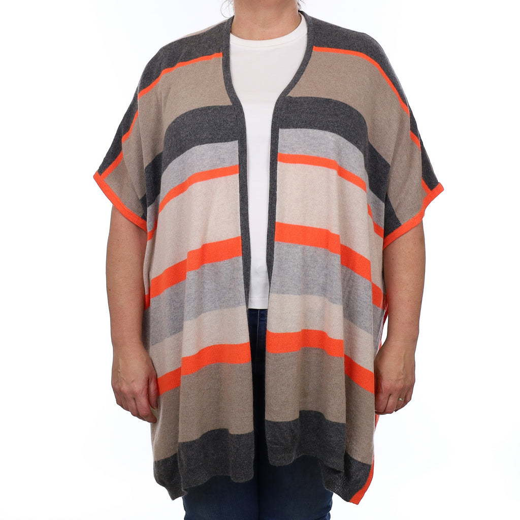 Cocoa Grey and Orange Striped Cashmere Slouchy Sleeveless Edge to Edge Cardigan XL
