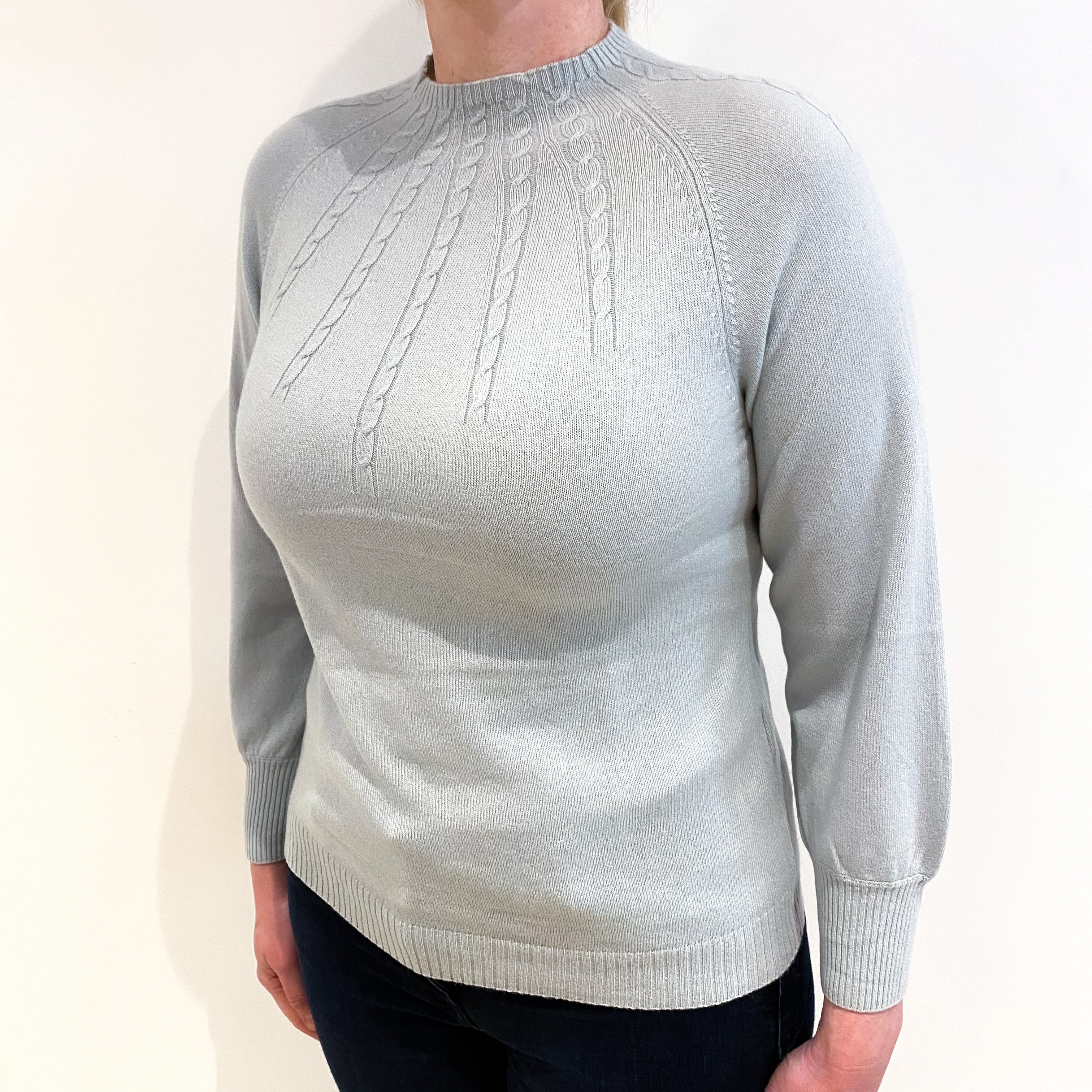 Mint Green Cable Knit Cashmere Polo Neck Jumper Large