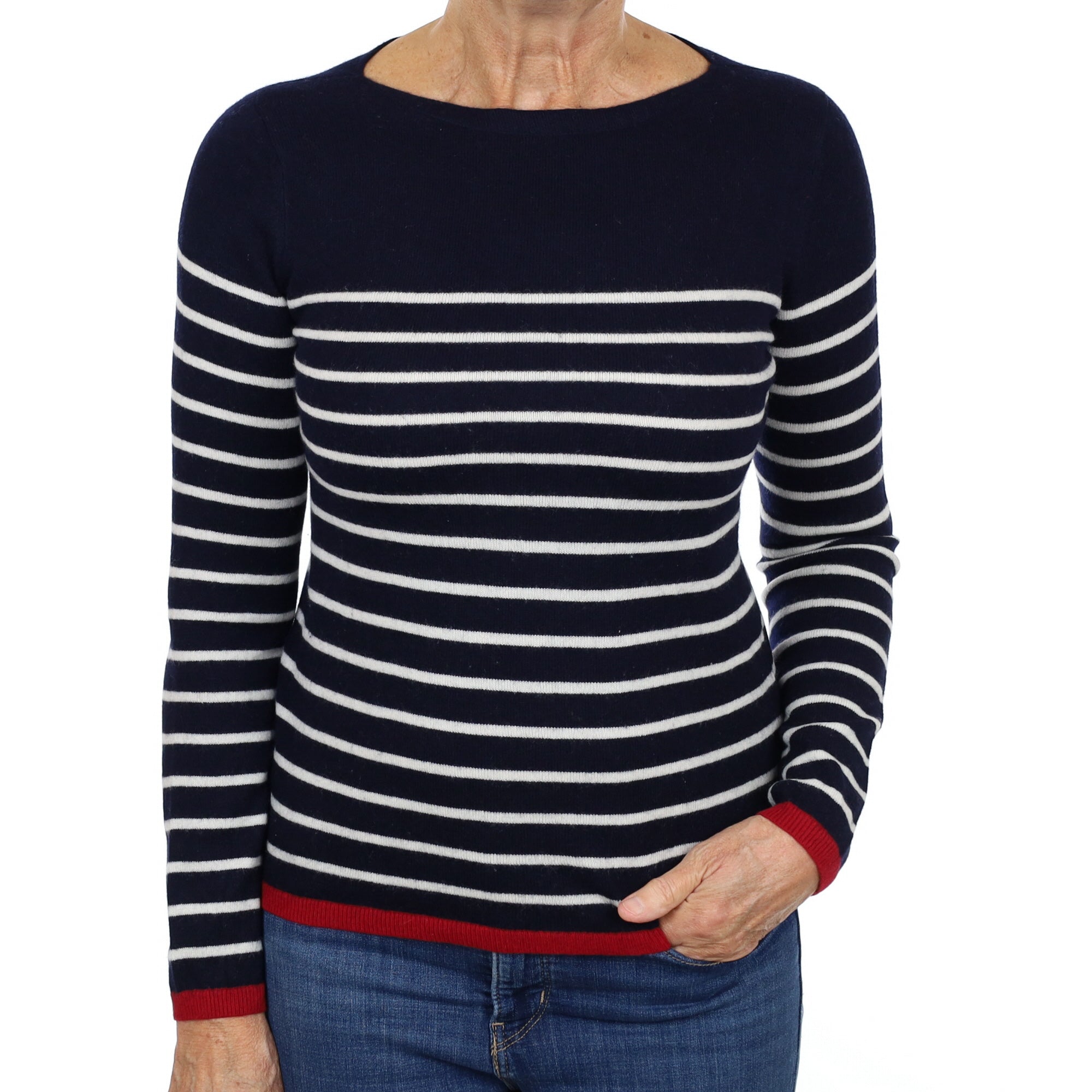 Navy and Cream Striped Cashmere Slash Neck Jumper Medium