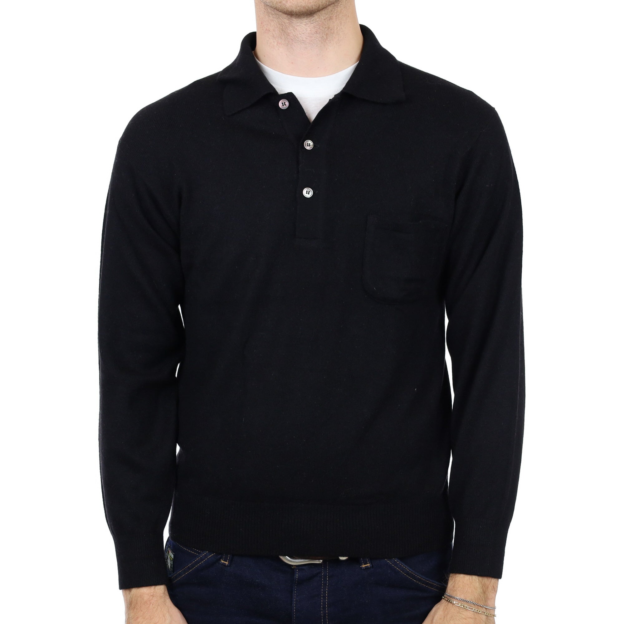 Men's Black Cashmere Collared 1/4 Button Neck Jumper Medium