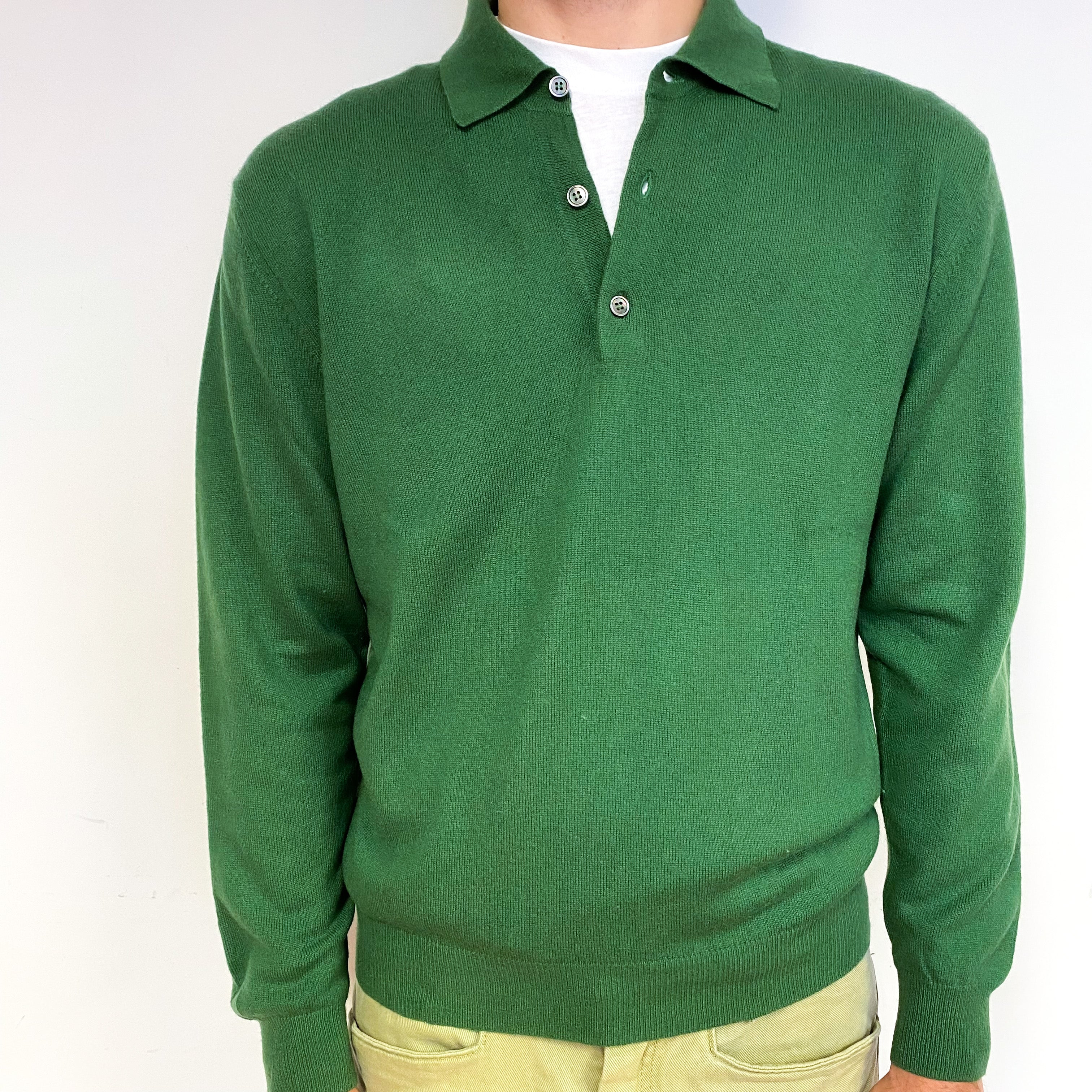 Men's Fern Green Cashmere 1/4 Button Jumper Large
