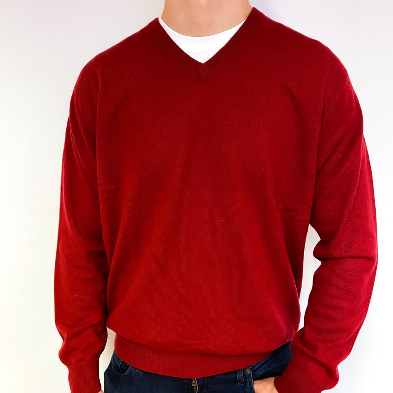 Men's Crimson Red Cashmere V-Neck Jumper Extra Large
