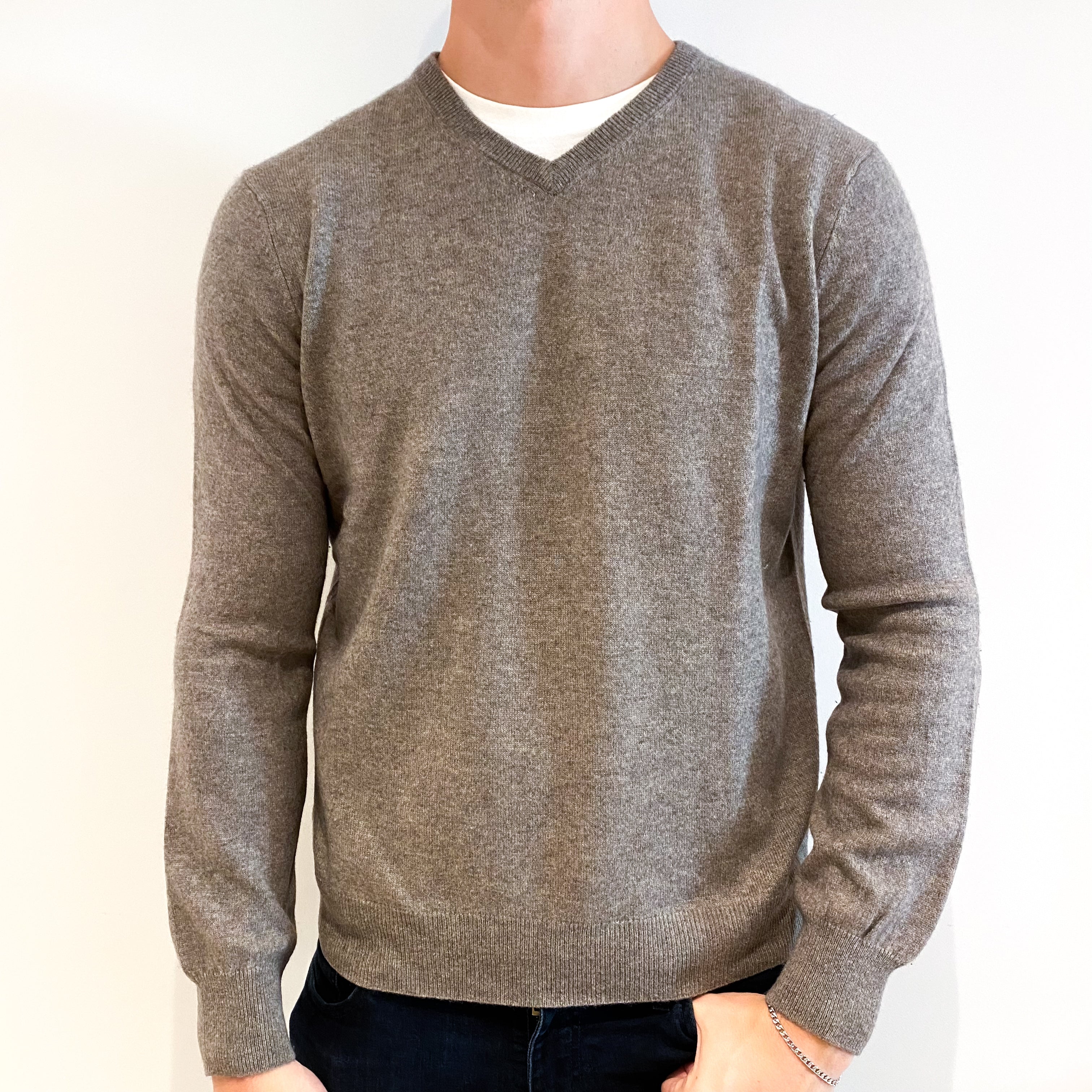 Men's Mink Brown Cashmere V-Neck Jumper Extra Large