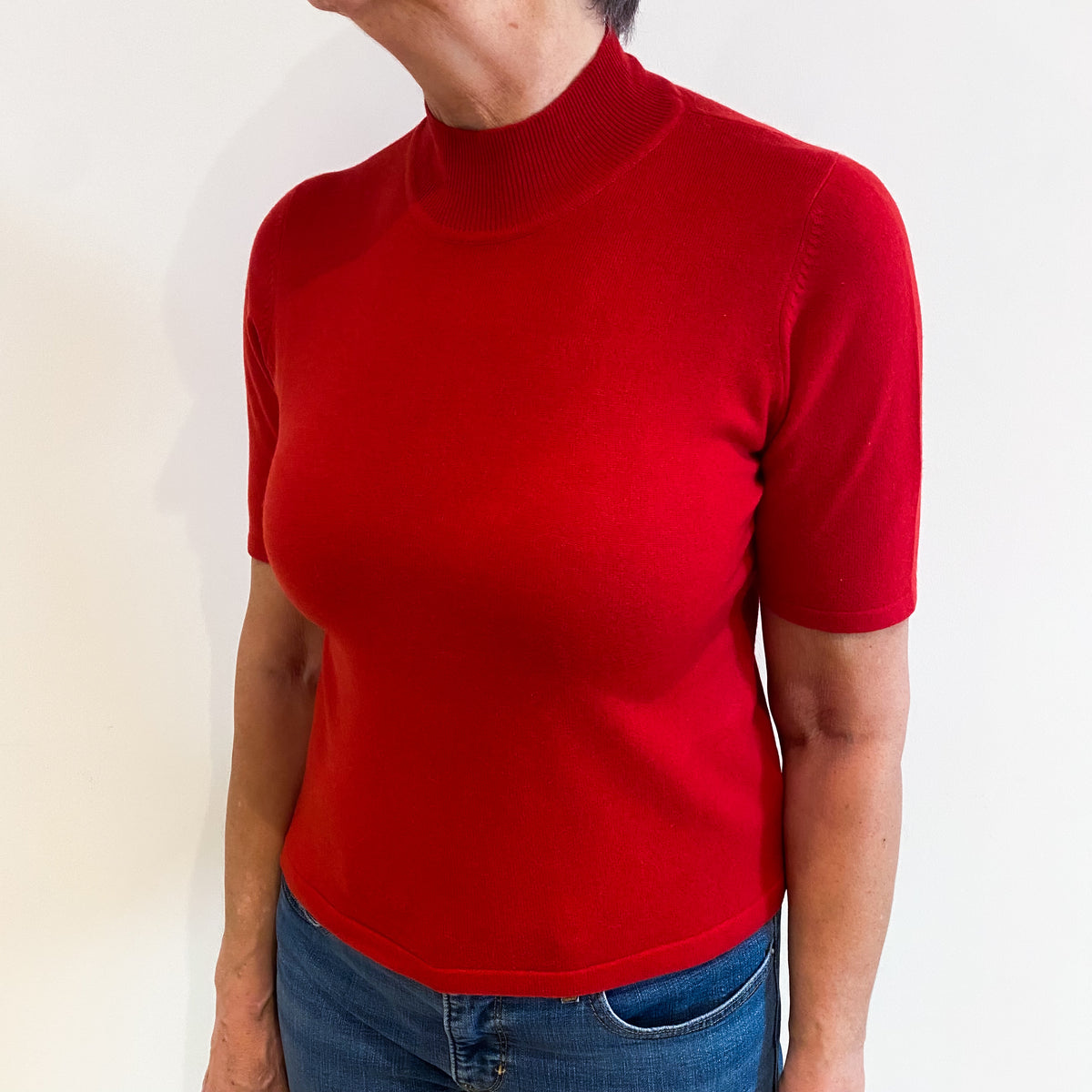 Scarlet Red Cashmere Short Sleeved Turtle Neck Jumper Medium