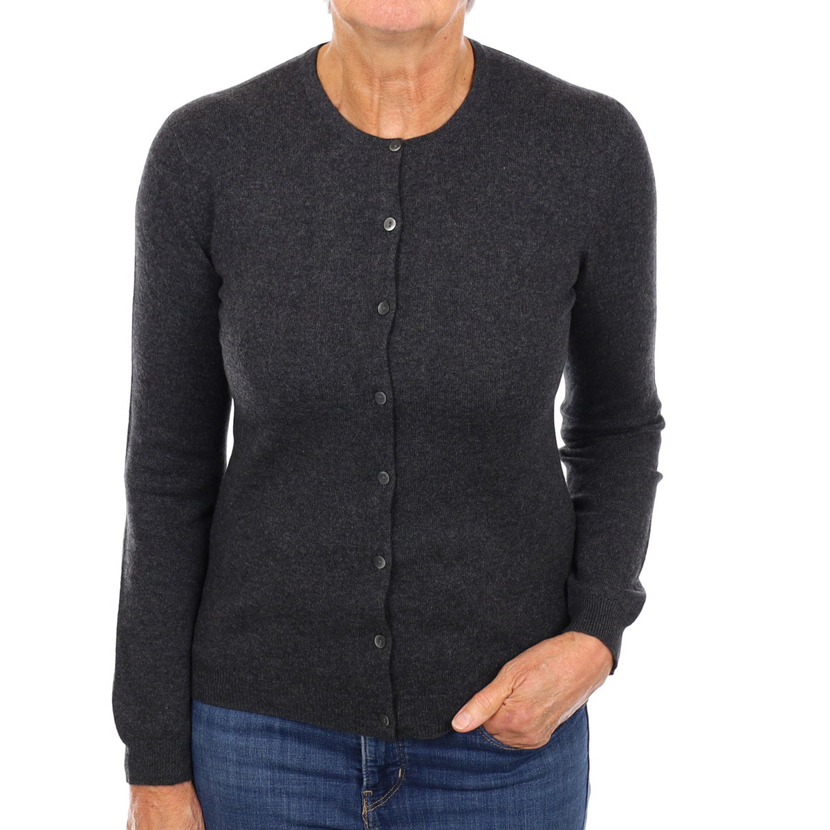 Charcoal Grey Cashmere Crew Neck Cardigan Medium