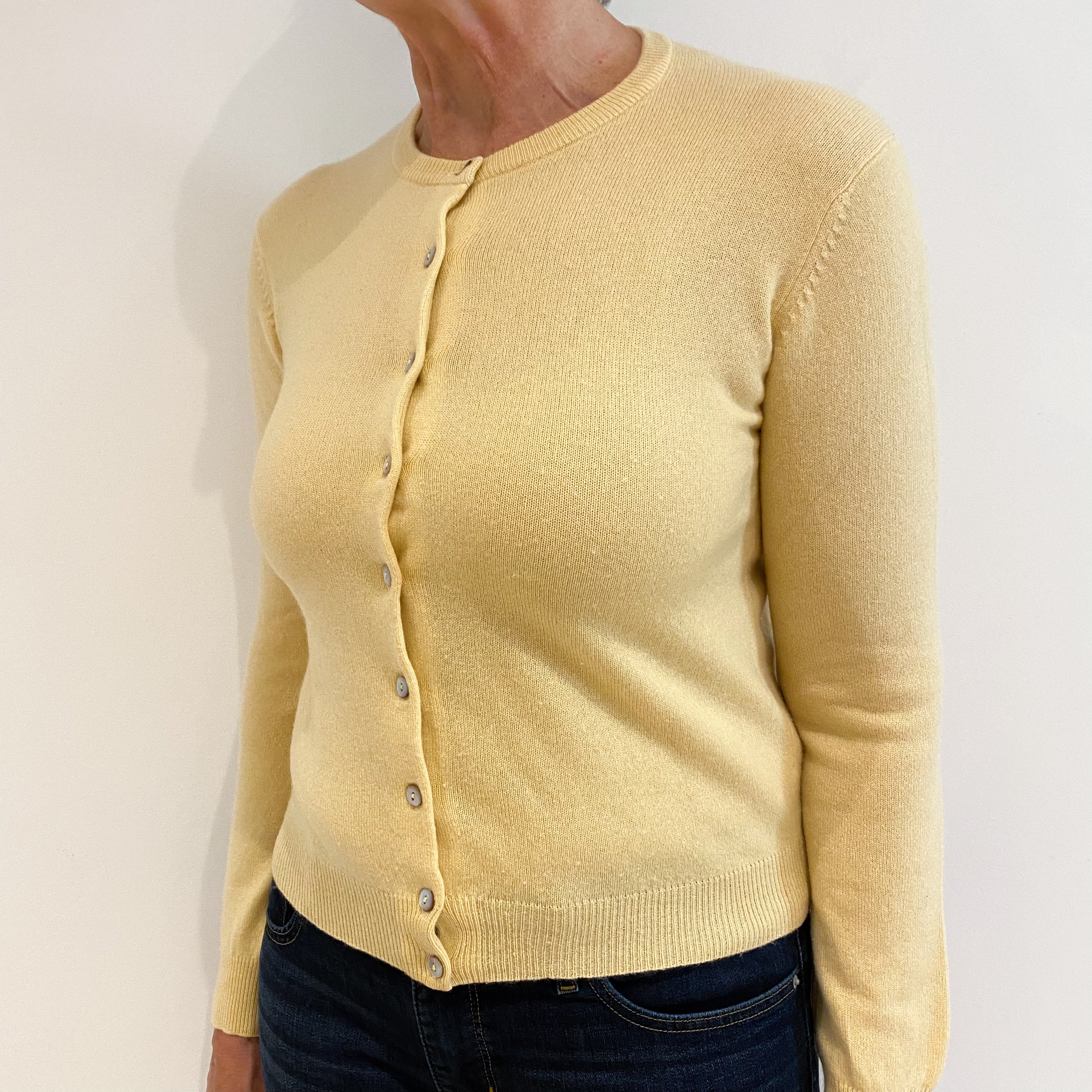 Custard Yellow Cashmere Crew Neck Cardigan Medium