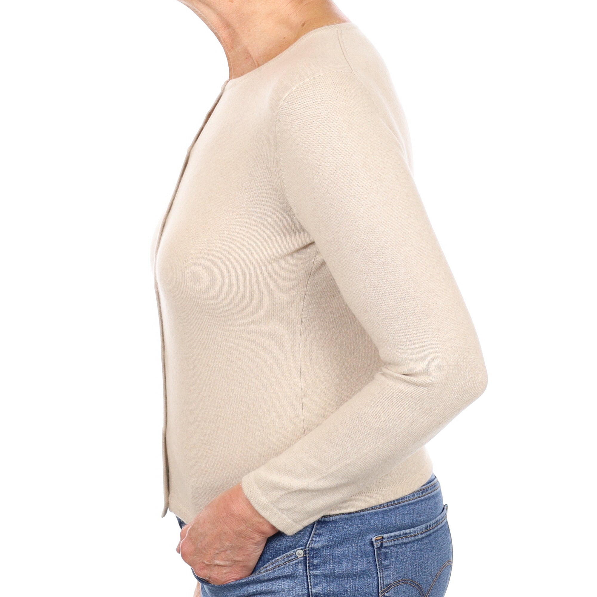 Honey Beige Cashmere Crew Neck Cardigan Medium