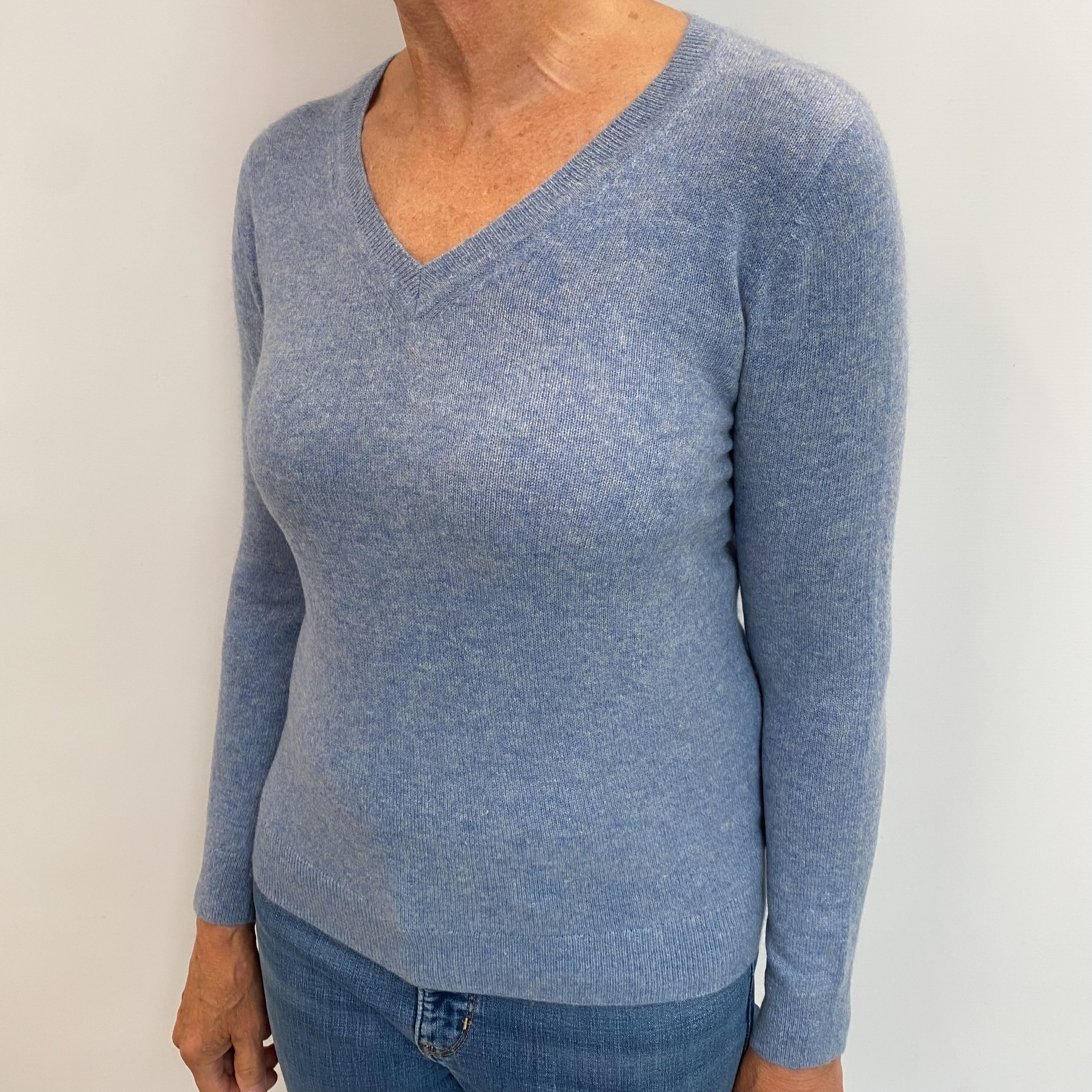 Denim Blue Cashmere V Neck Jumper Medium