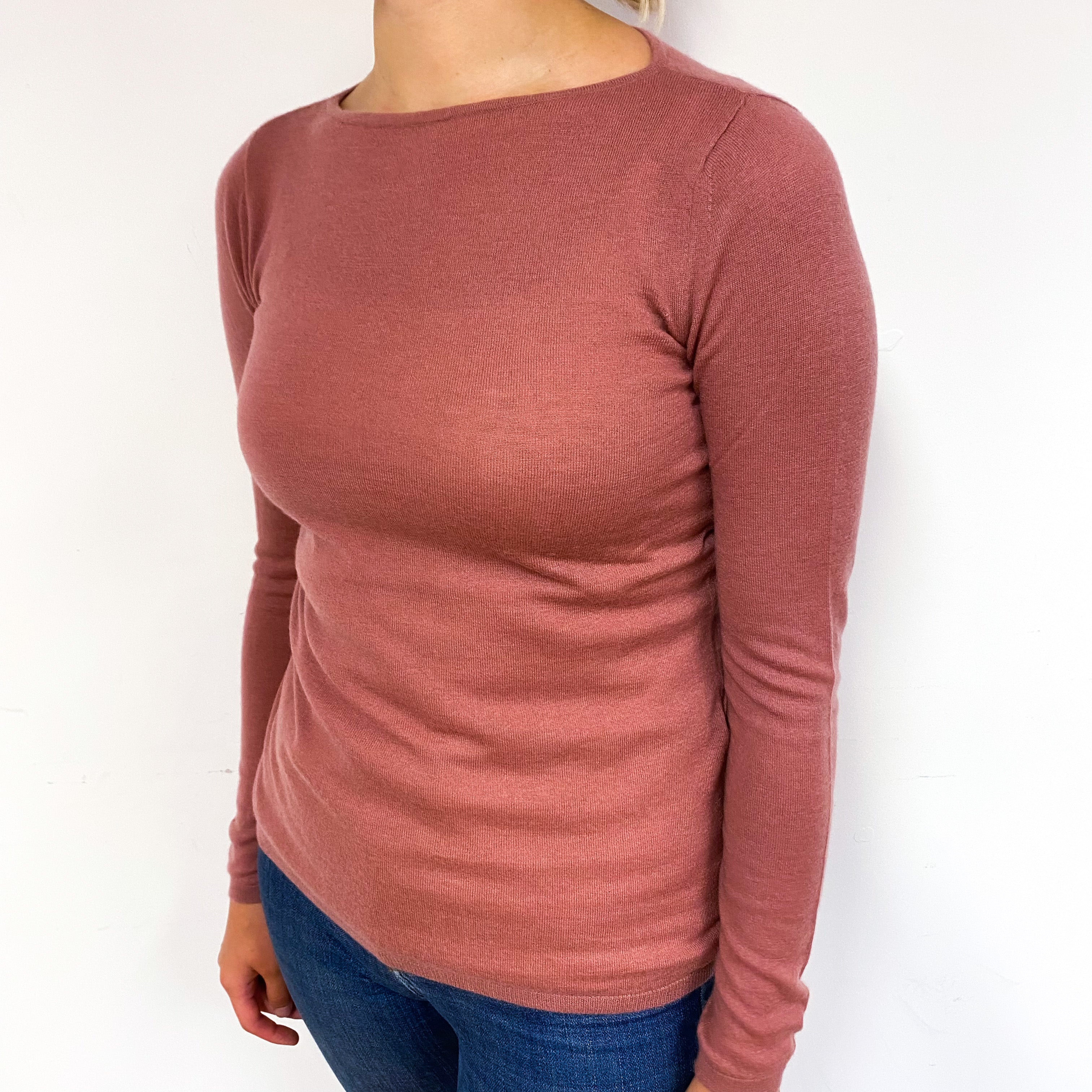 Terracotta Pink Fine Knit Cashmere Boat Neck Jumper Small