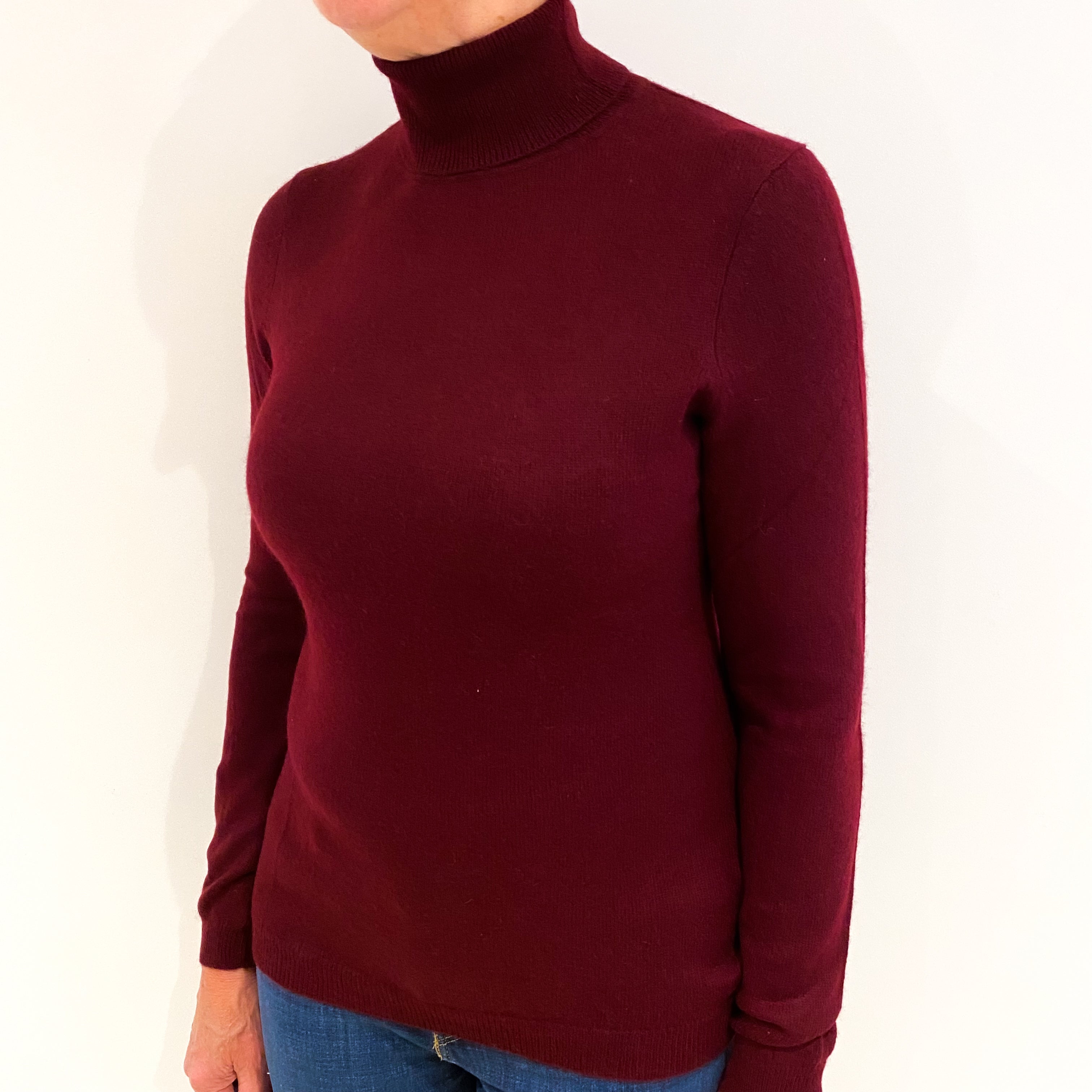 Claret Red Cashmere Polo Neck Jumper Medium