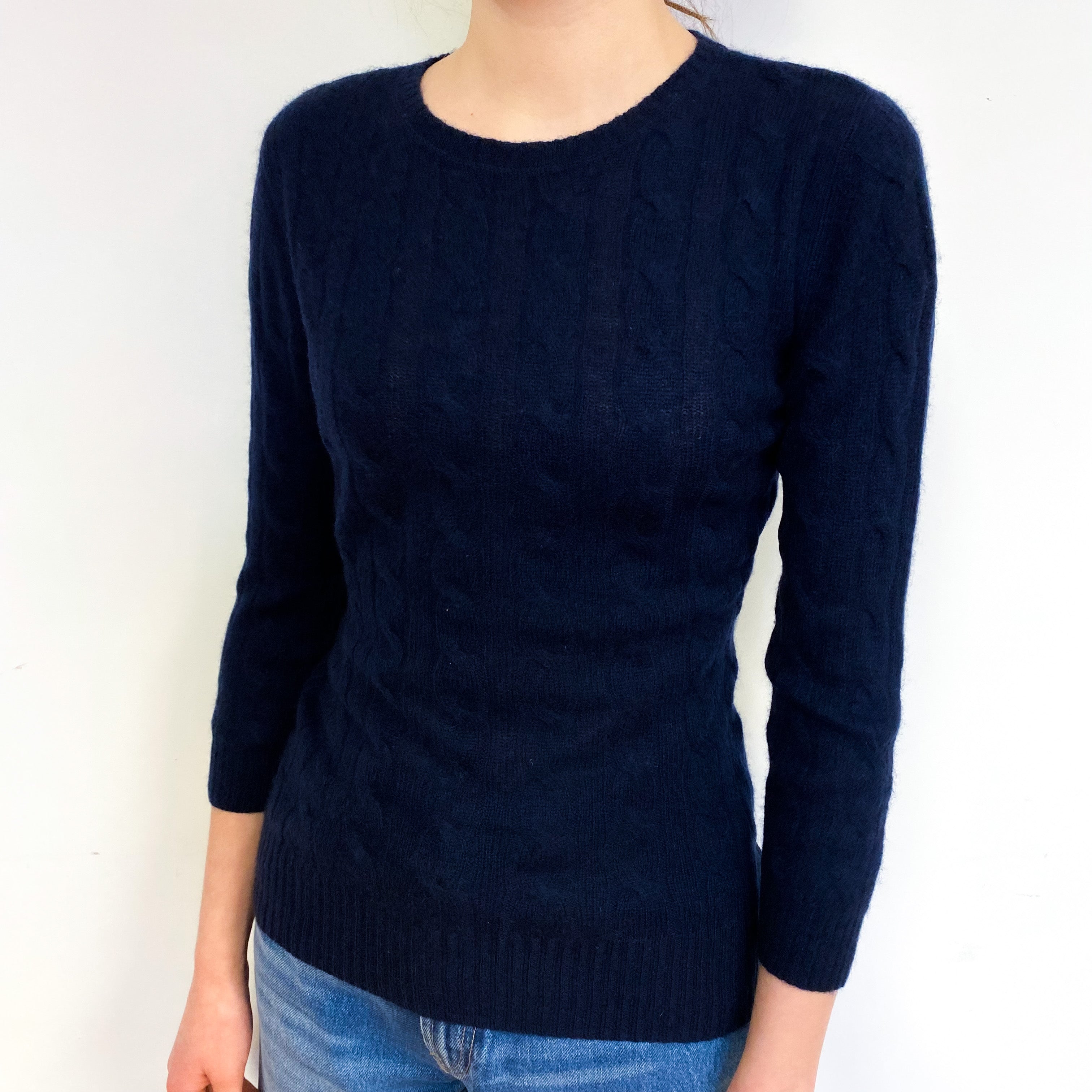 Navy Blue Cable Lightweight Cashmere Crew Neck Jumper Extra Small