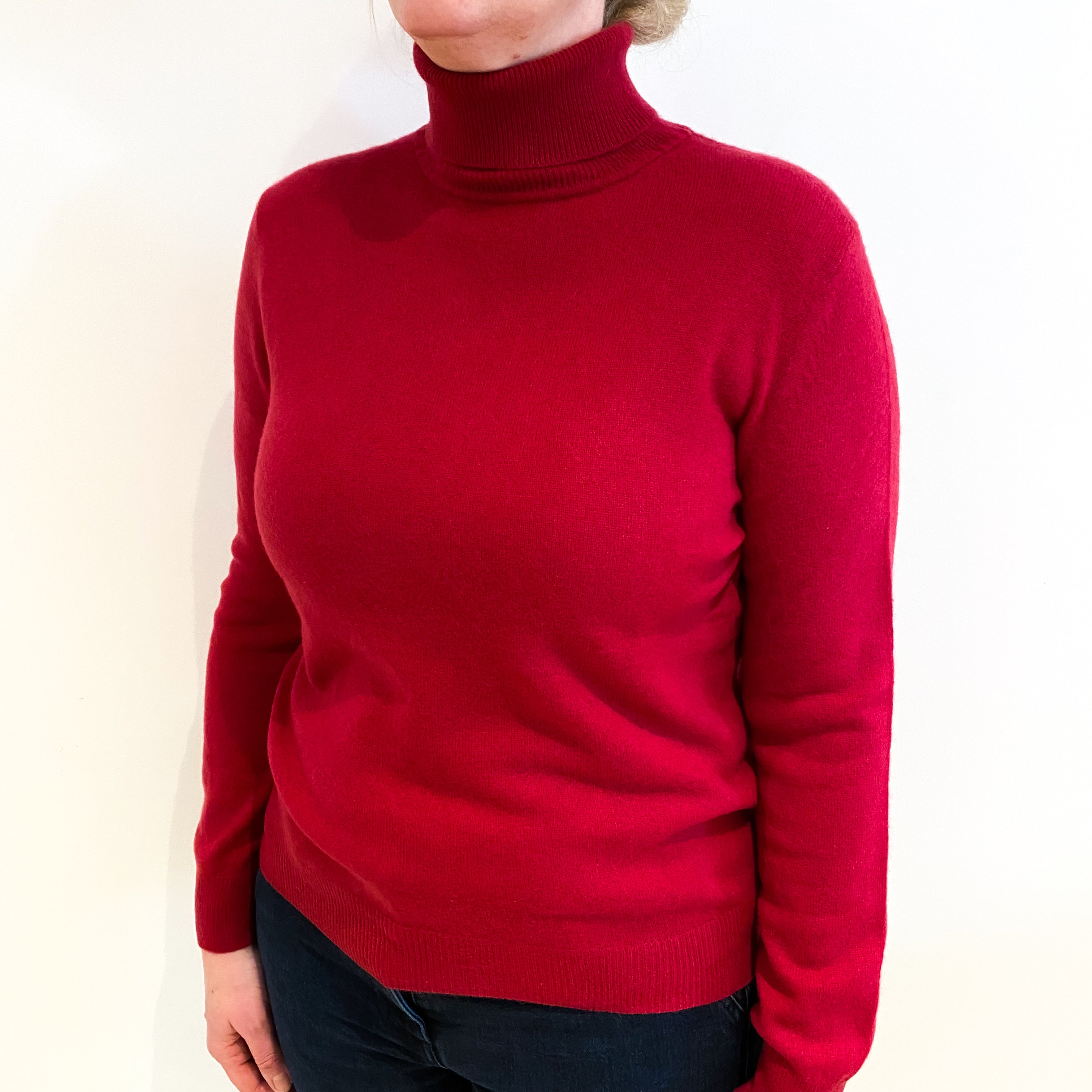 Strawberry Red Cashmere Polo Neck Jumper Large