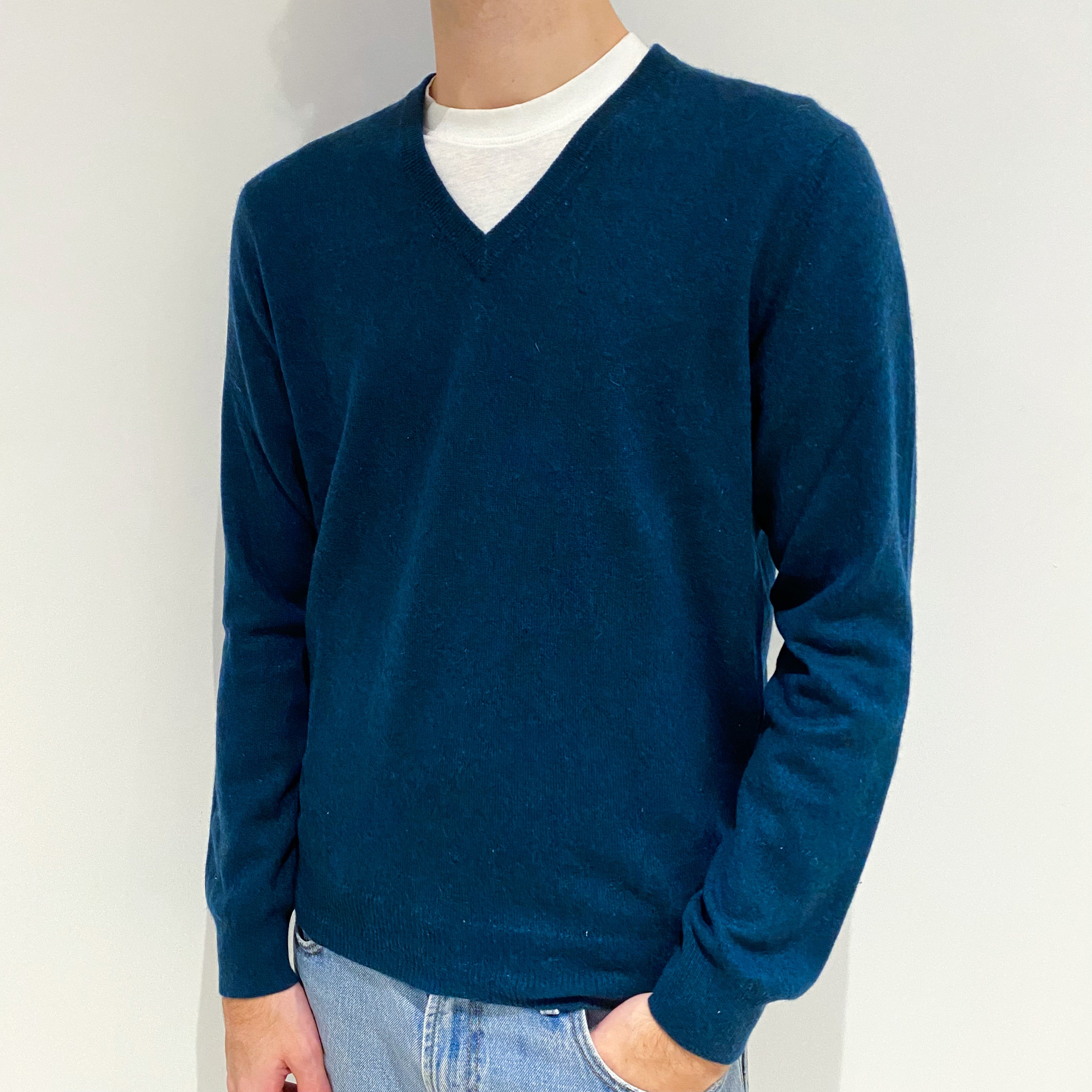 Men's Petrol Blue Cashmere V-Neck Jumper Large