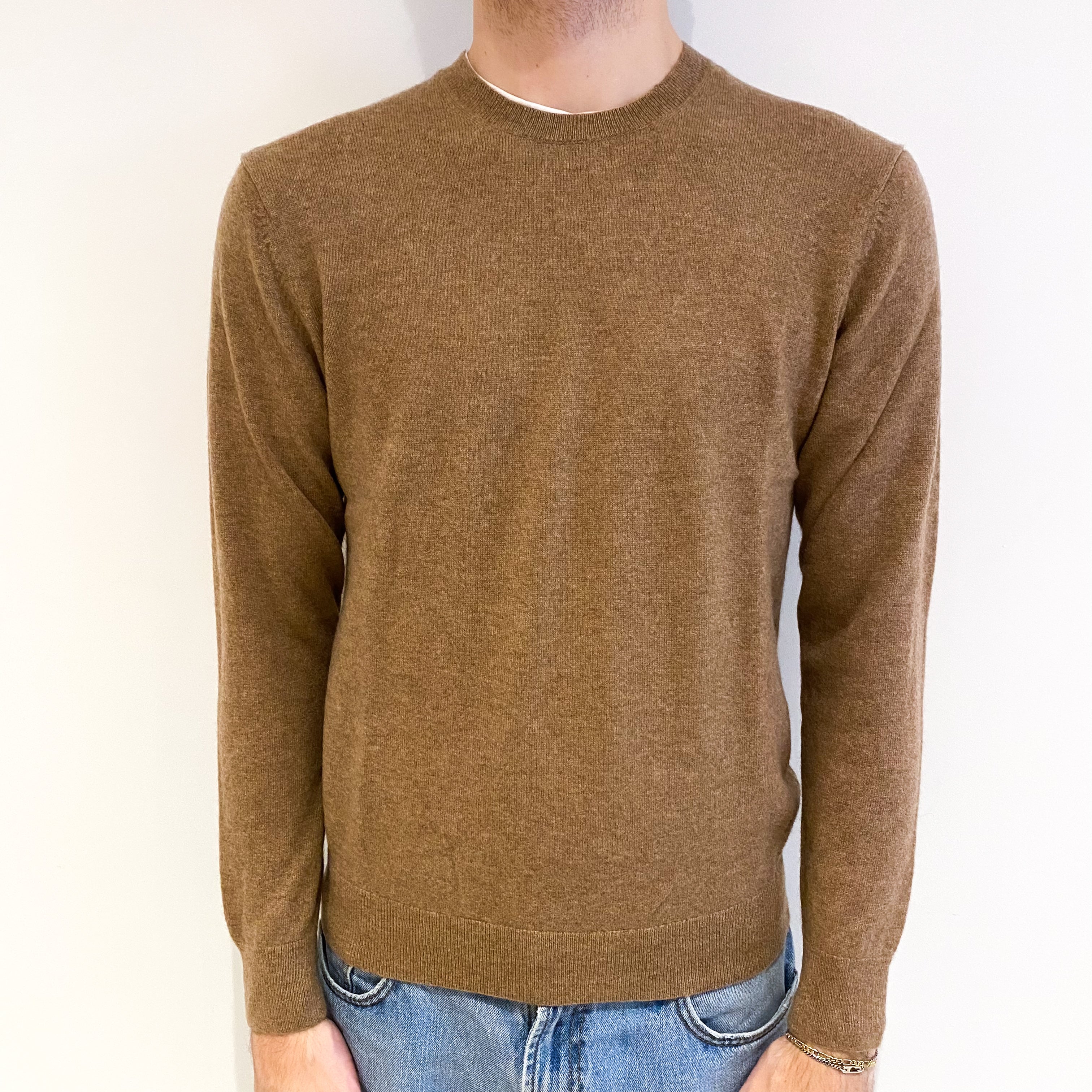 Men's Butterscotch Brown Cashmere Crew Neck Jumper Large