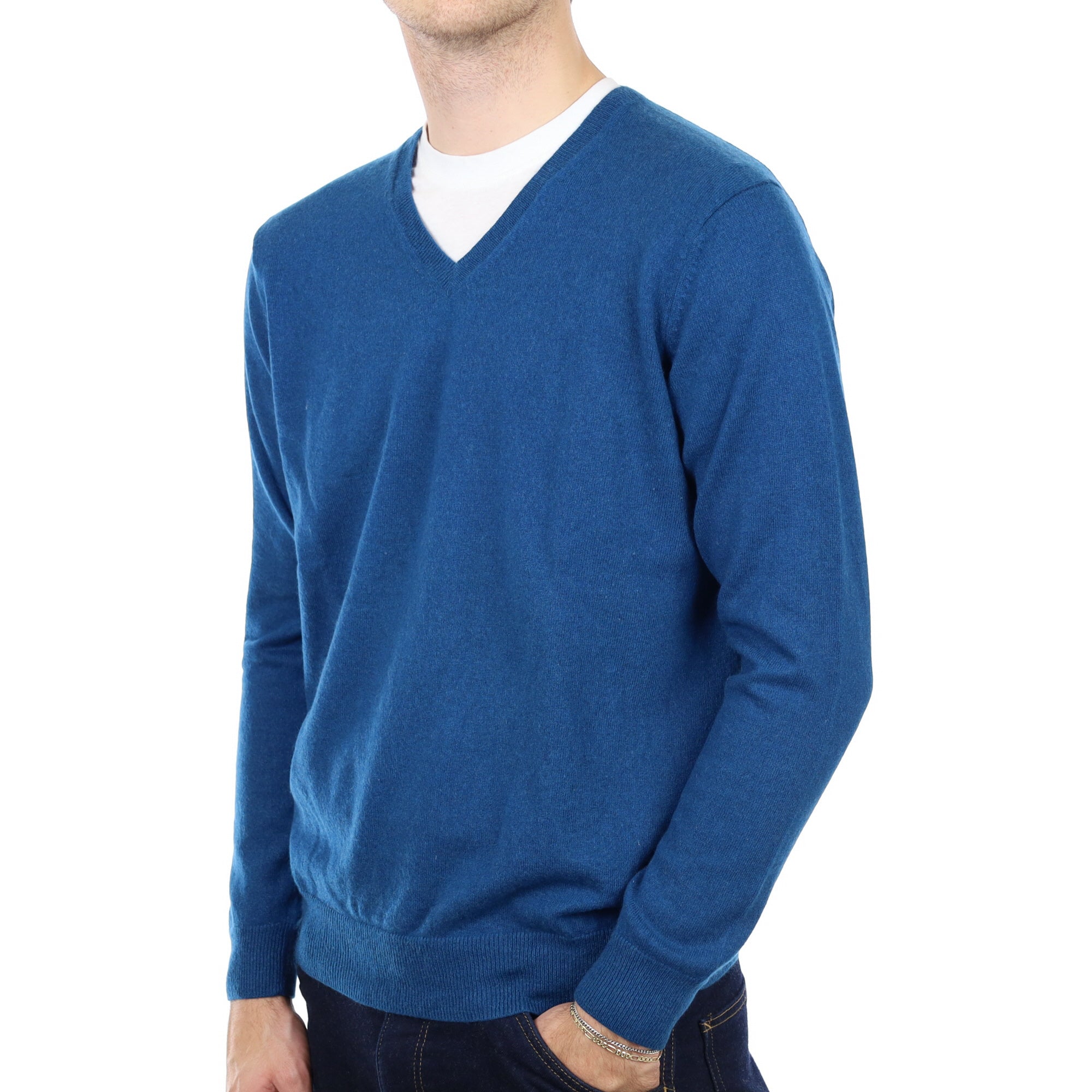 Men's Peacock Blue Cashmere V Neck Jumper Large