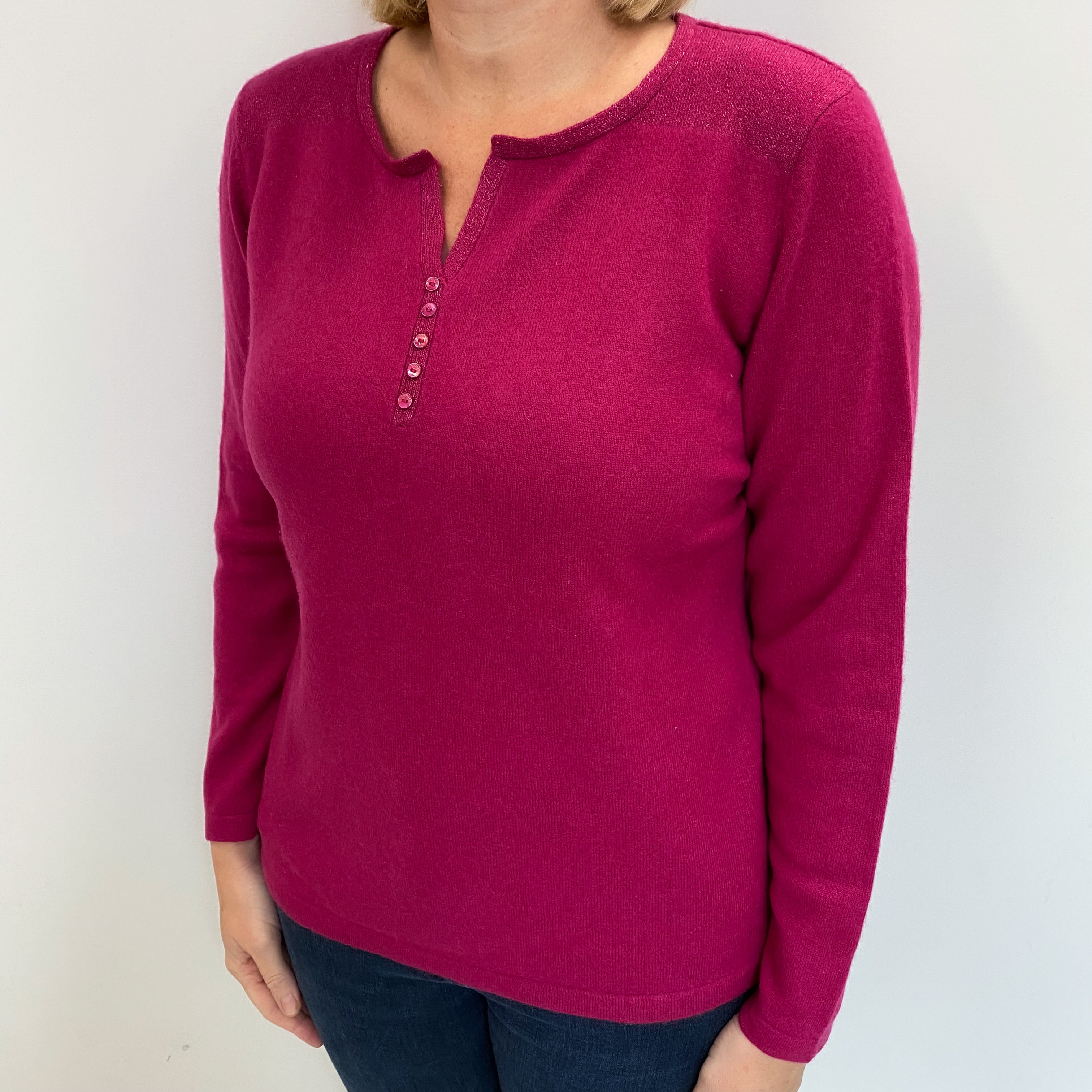 Deep Fuchsia Pink Cashmere 1/4 Button Crew Neck Jumper Large