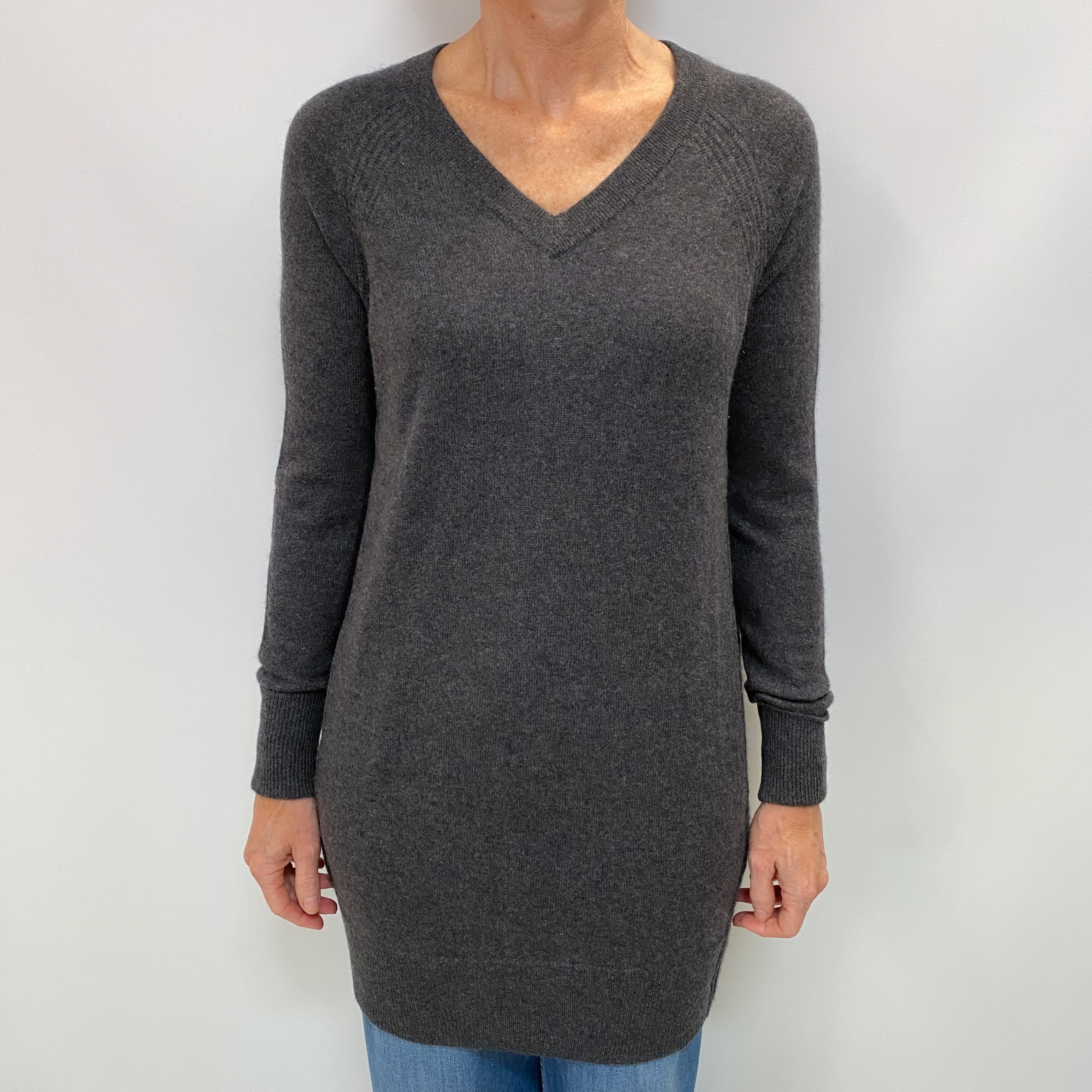 Dark Grey and Black Cashmere V Neck Tunic Jumper Small