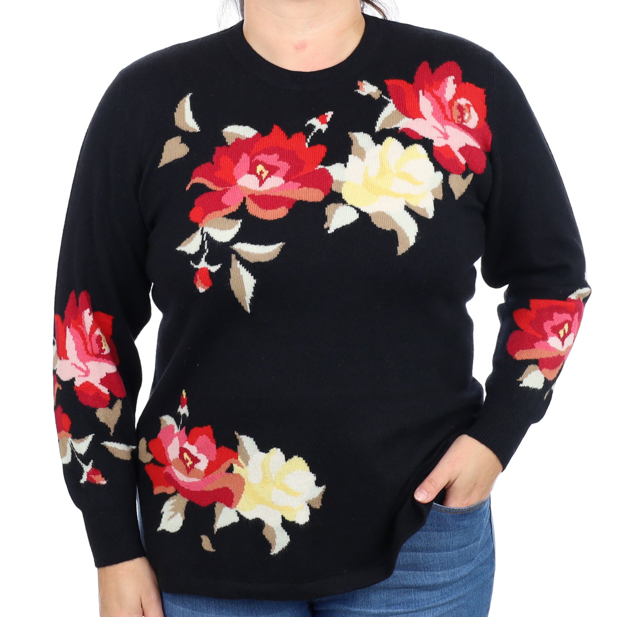 Black Floral Cashmere Crew Neck Jumper Large