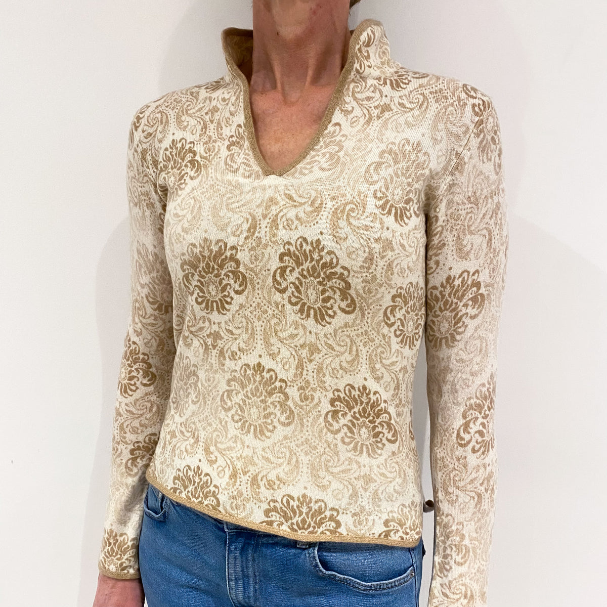 Camel Brown and Cream Floral Cashmere V Neck Jumper with a Mandearin Collar Small