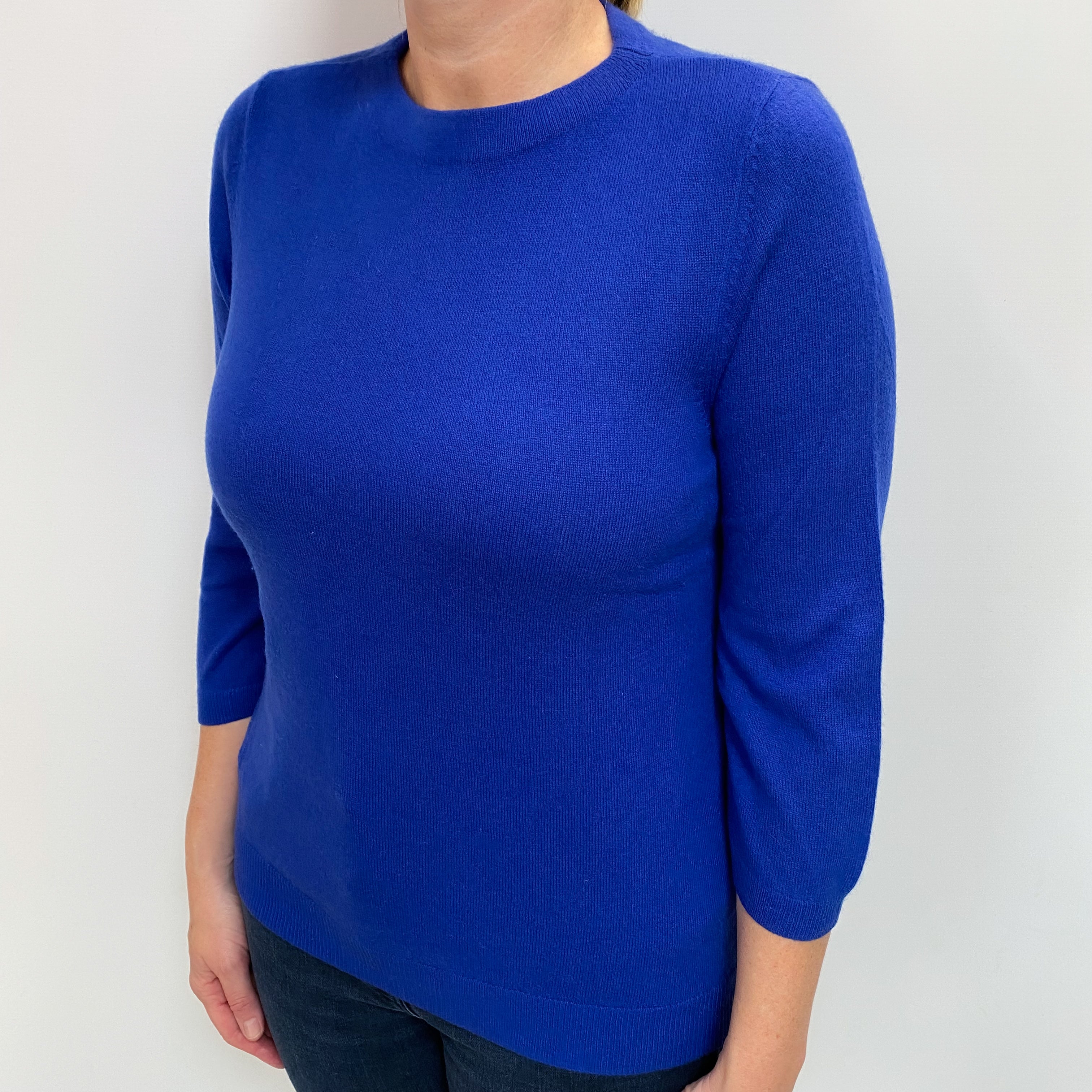 Cobalt Blue Cashmere 3/4 Sleeve Crew Neck Jumper Large