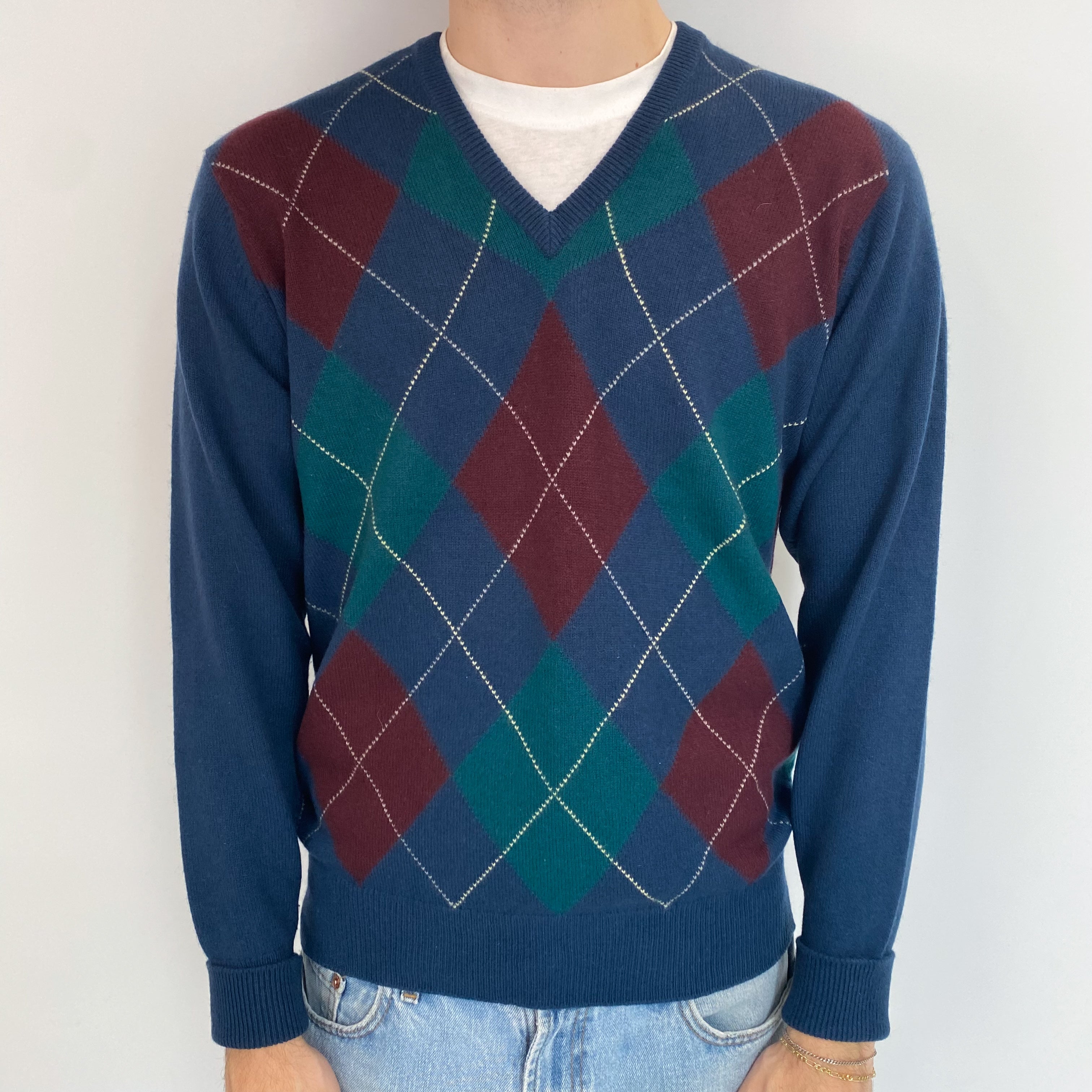 Men's Vintage Scottish Petrol Blue Diamond Cashmere V Neck Jumper Medium
