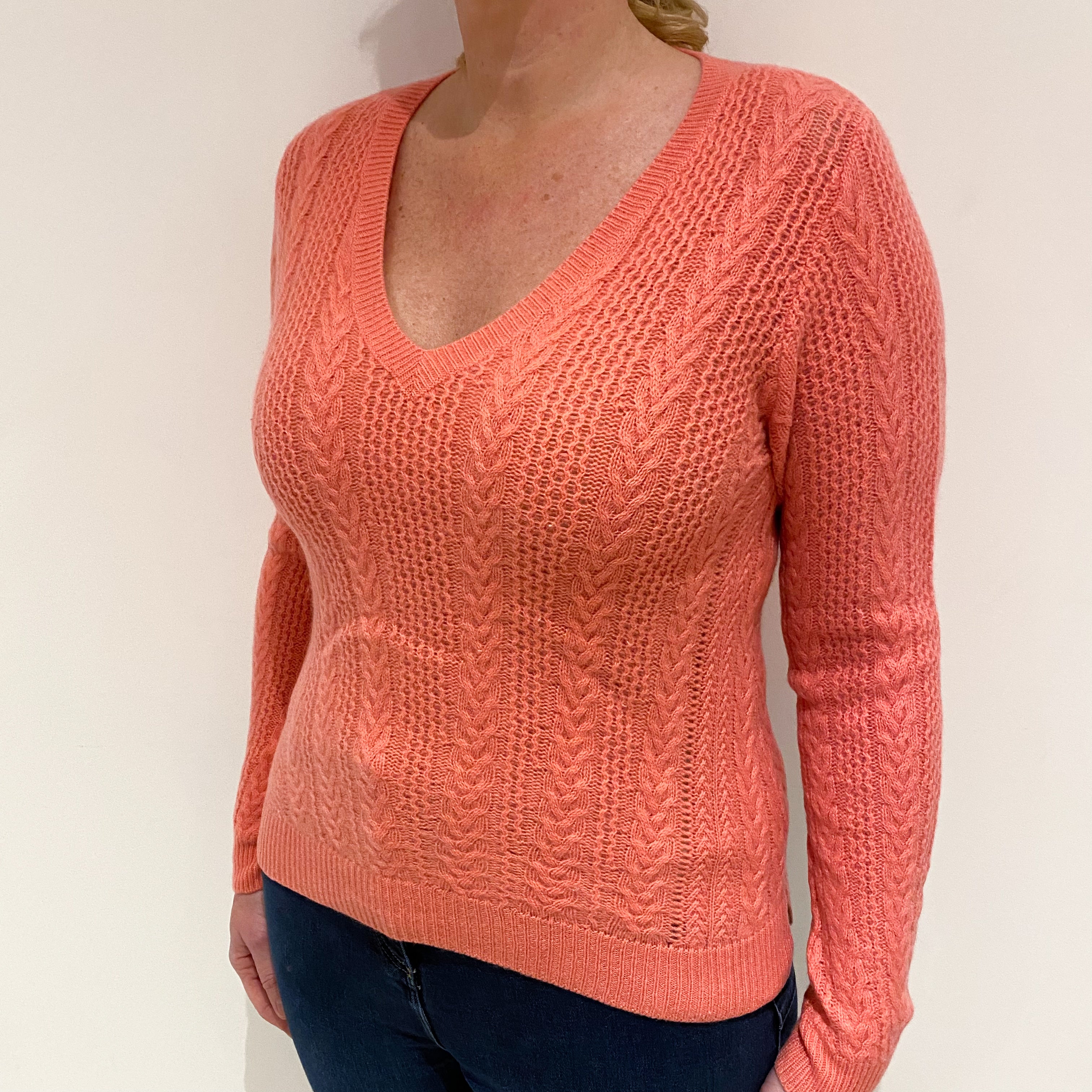 Coral Pink Lace Knit Cashmere V-Neck Jumper Large