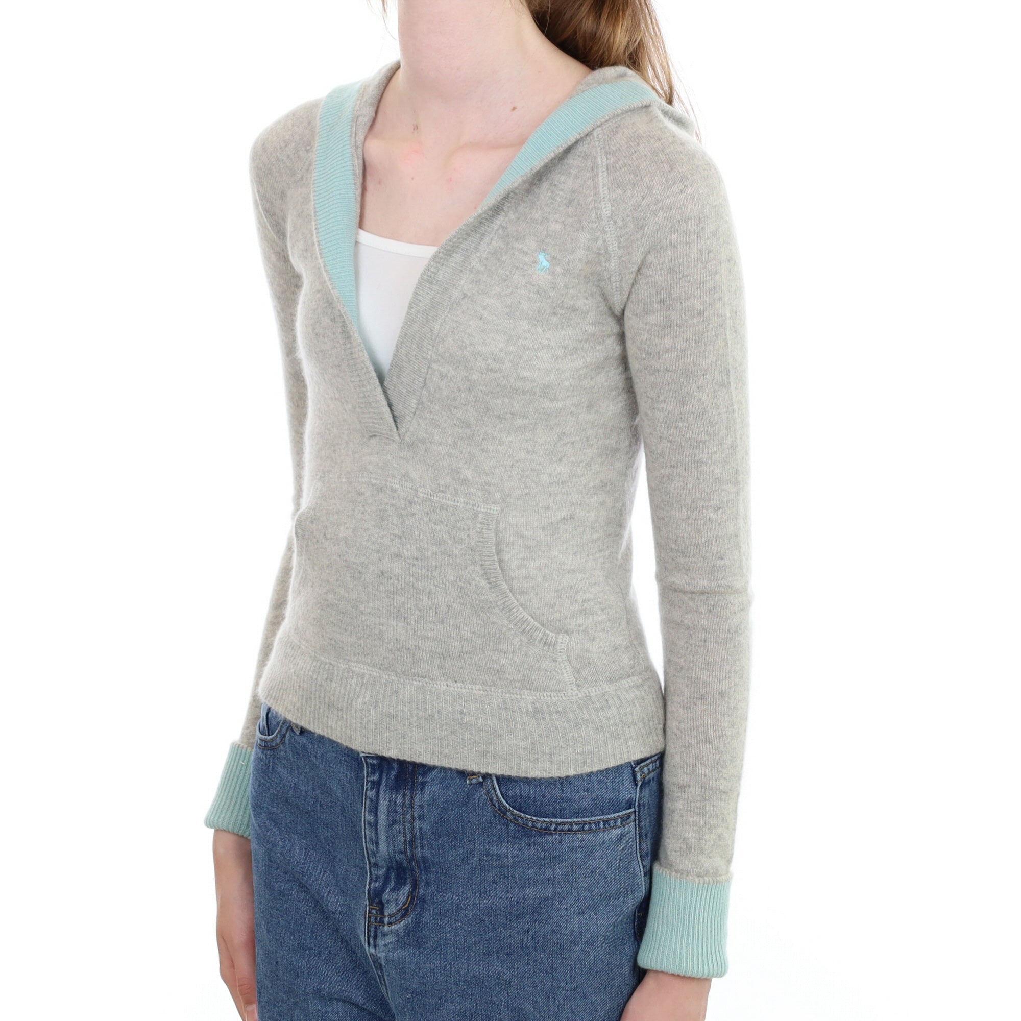 Smoke Grey Cashmere V Neck Hoodie Jumper Extra Small