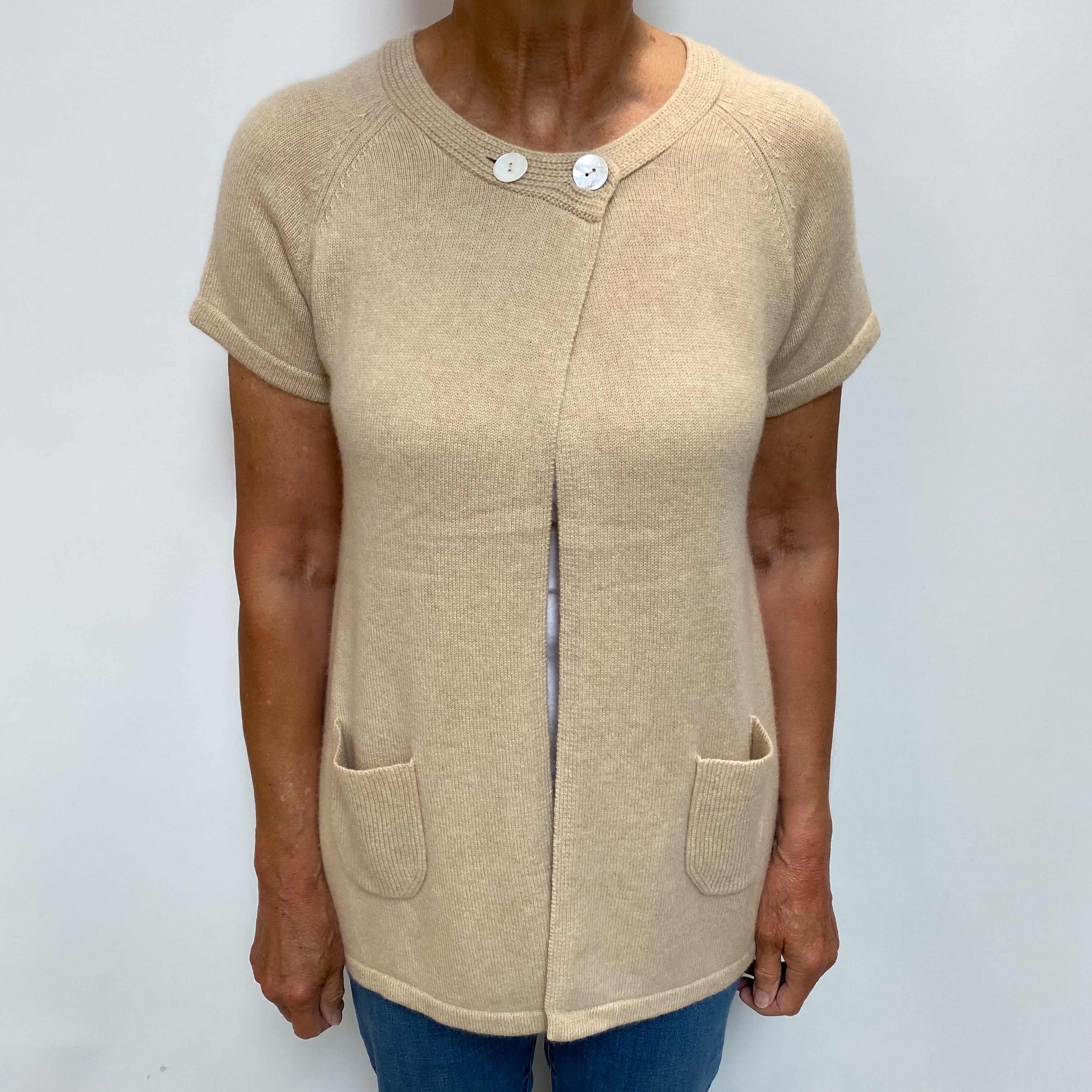 Sand Beige Cashmere Crew Neck Cardigan Medium
