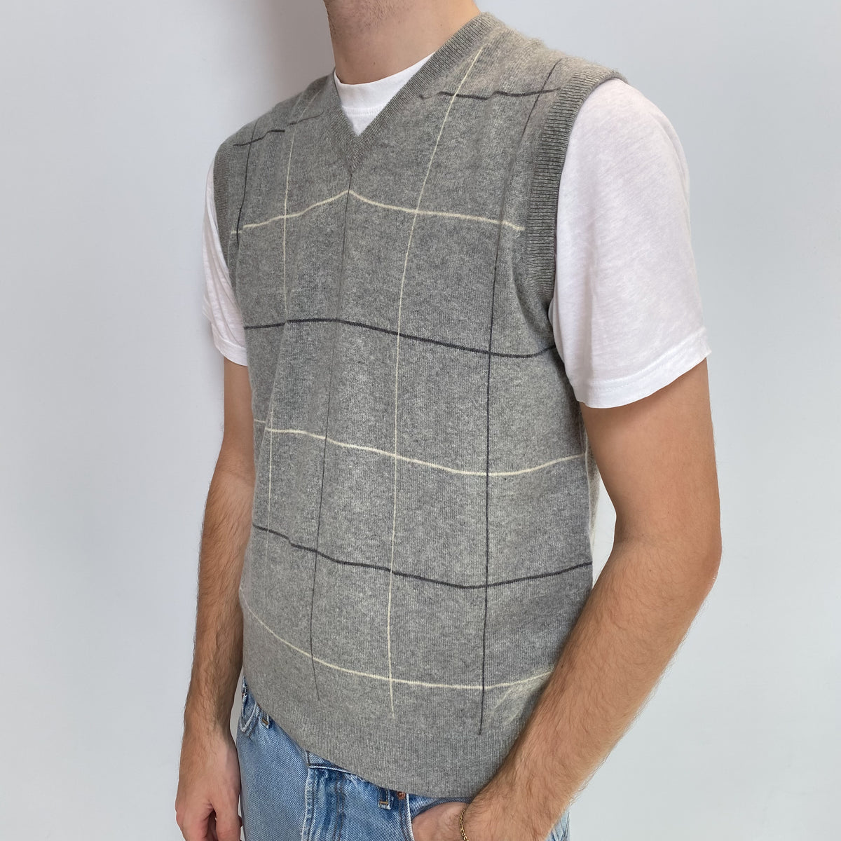 Men's Smoke Grey Checked Cashmere V Neck Tank Top Large