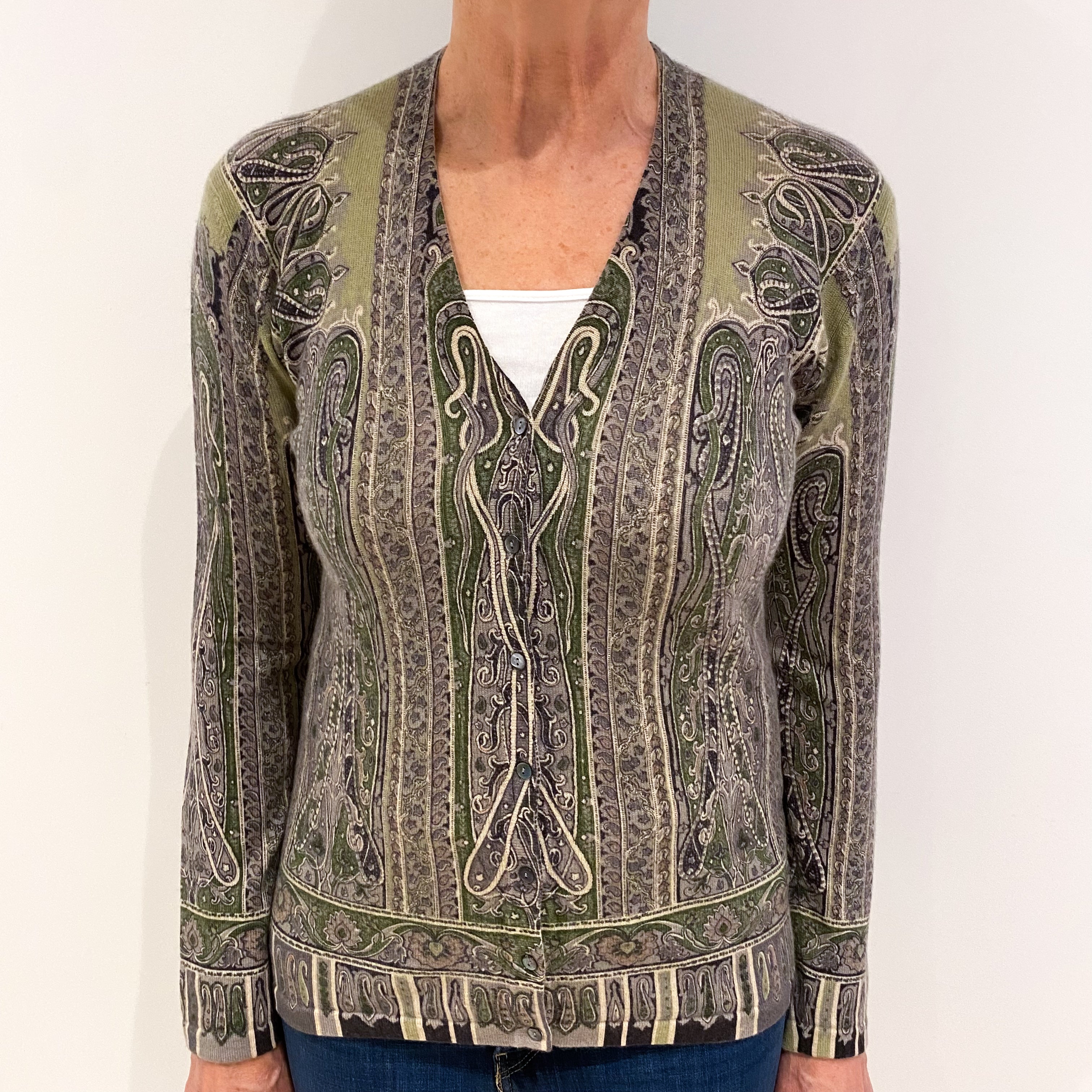 Sage Green Patterned Cashmere V Neck Cardigan Medium