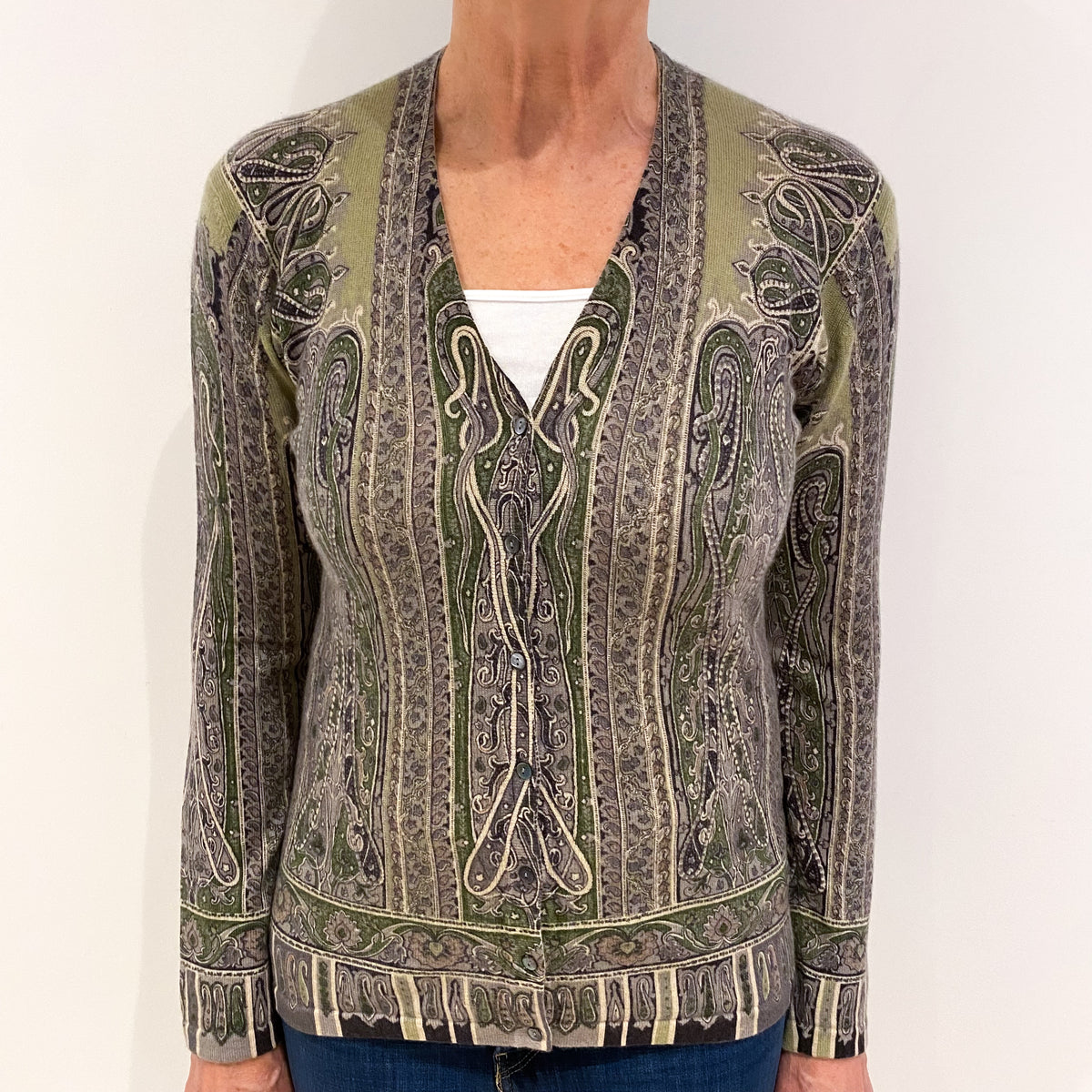 Sage Green Patterned Cashmere V Neck Cardigan Medium